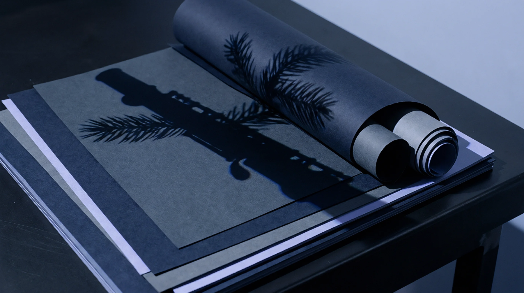 Sheets of black matte stock stacked on a surface with one sheet partially rolled while displaying a cast shadow from a pine branch.