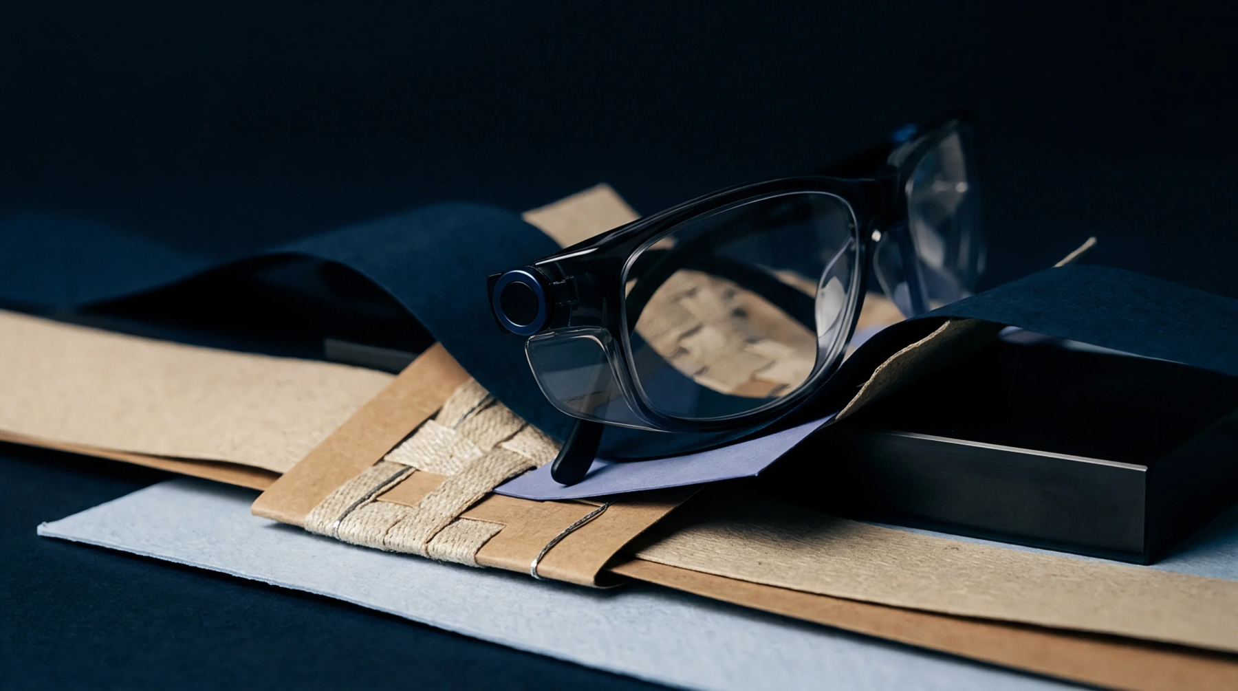 Smart eyewear rests atop layered brown cardstock sheets and folded dark blue specialty paper next to a black rigid box.
