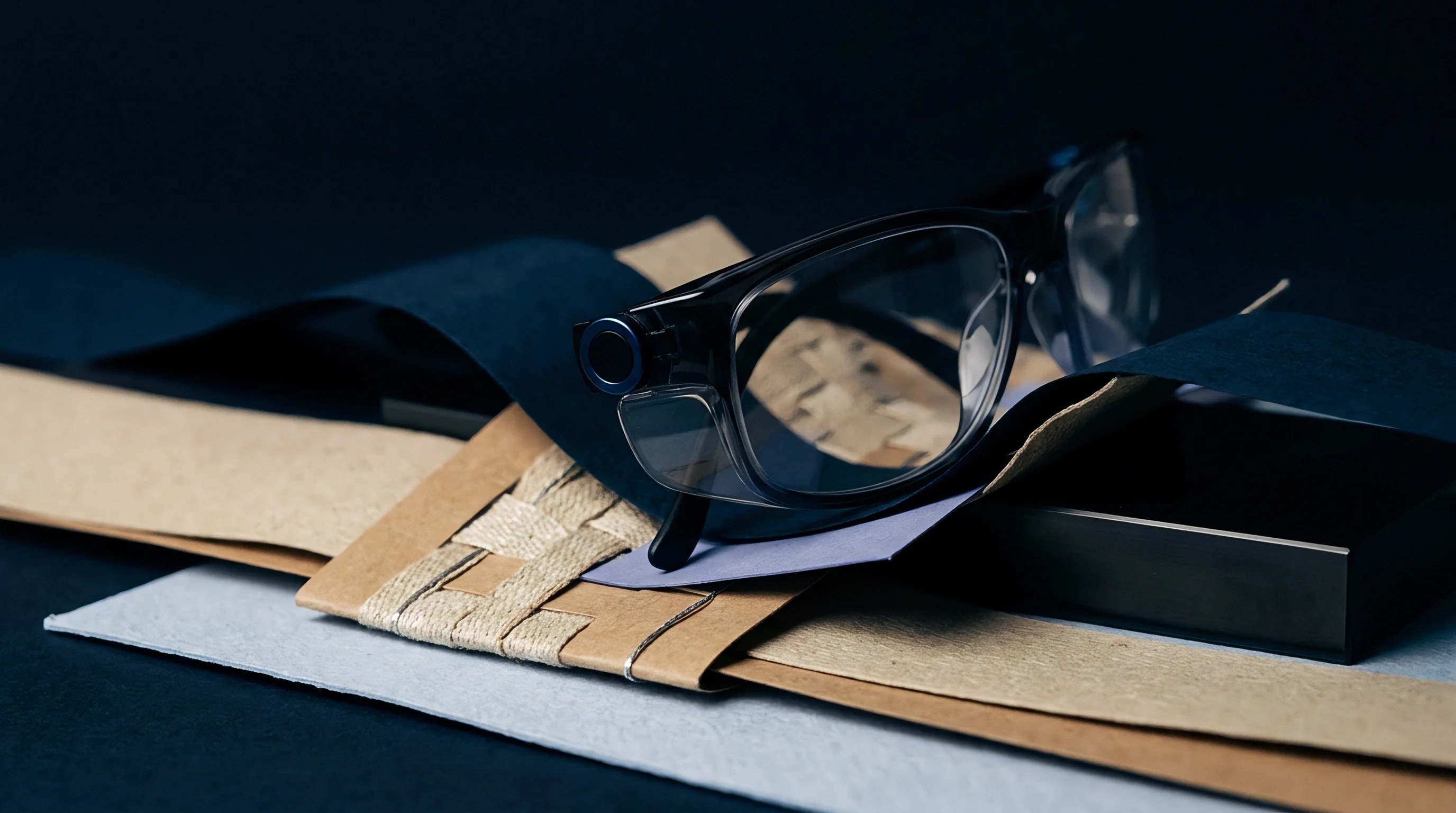 Smart eyewear rests atop layered brown cardstock sheets and folded dark blue specialty paper next to a black rigid box.