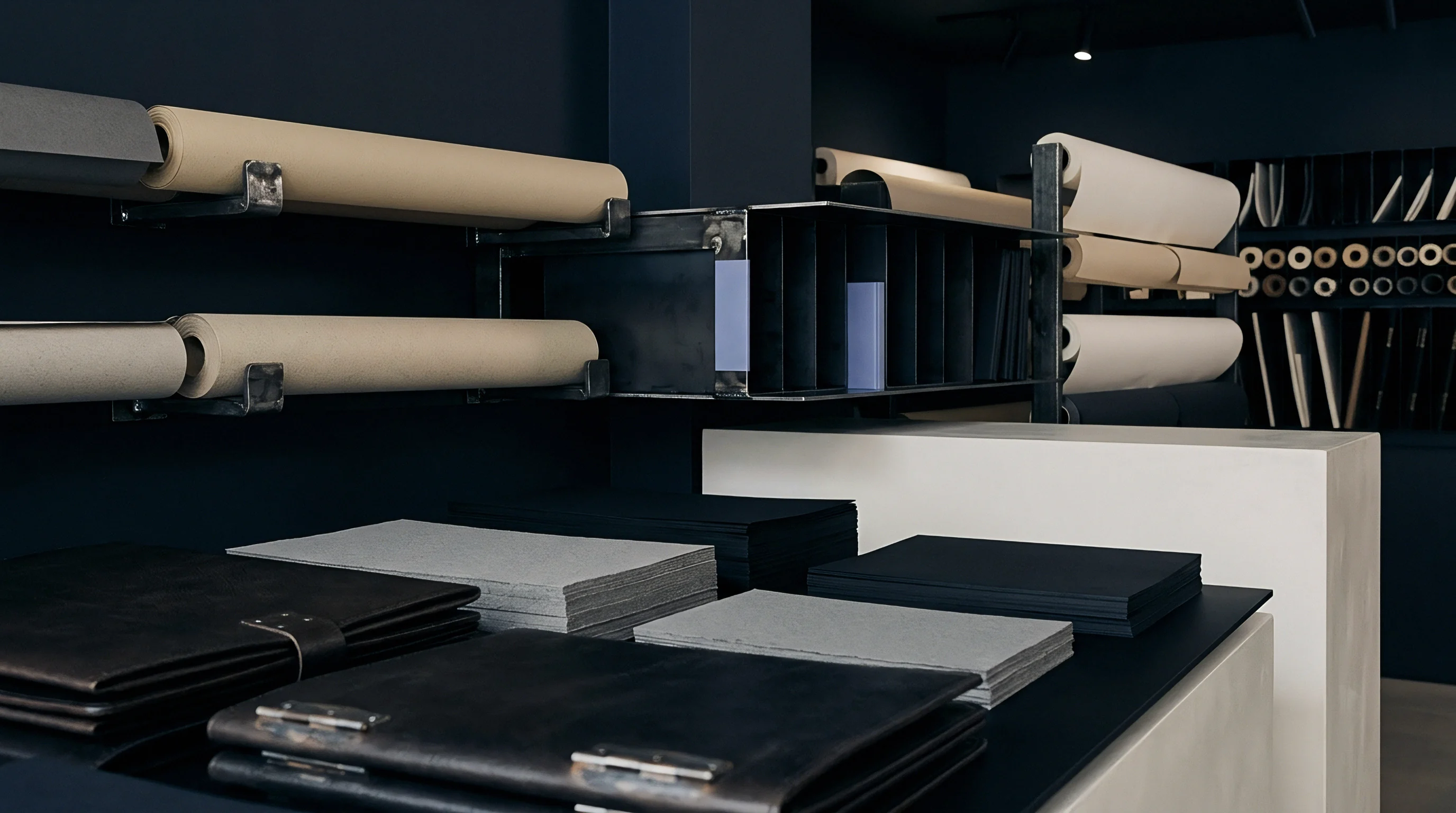 Rolls of heavy paper stock rest on metal wall brackets above stacks of grey and black sheets in a modern design studio.