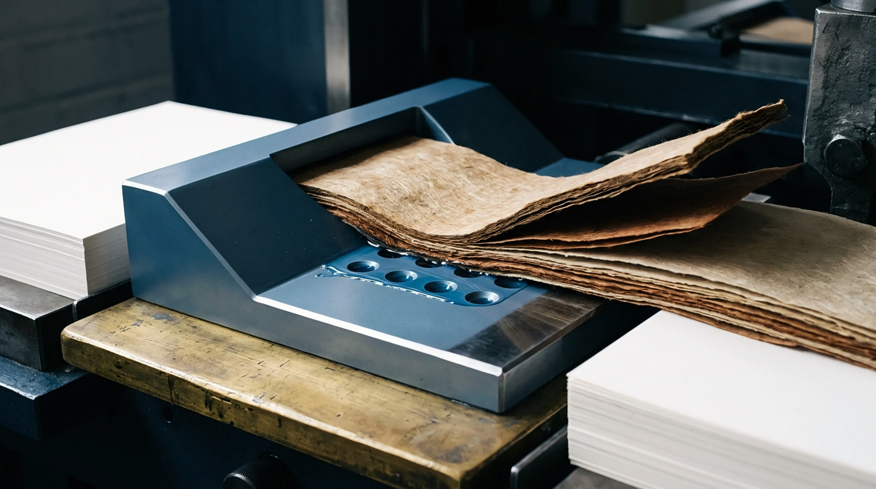 Specialized printing equipment processes stacks of irregular fibrous sheets and crisp smooth paper for unique conversion applications.