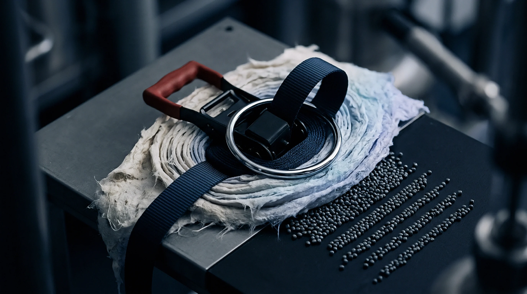 A wound spool of fibrous recycled paper pulp rests on a metal platform beside aligned rows of dark industrial feedstock pellets.