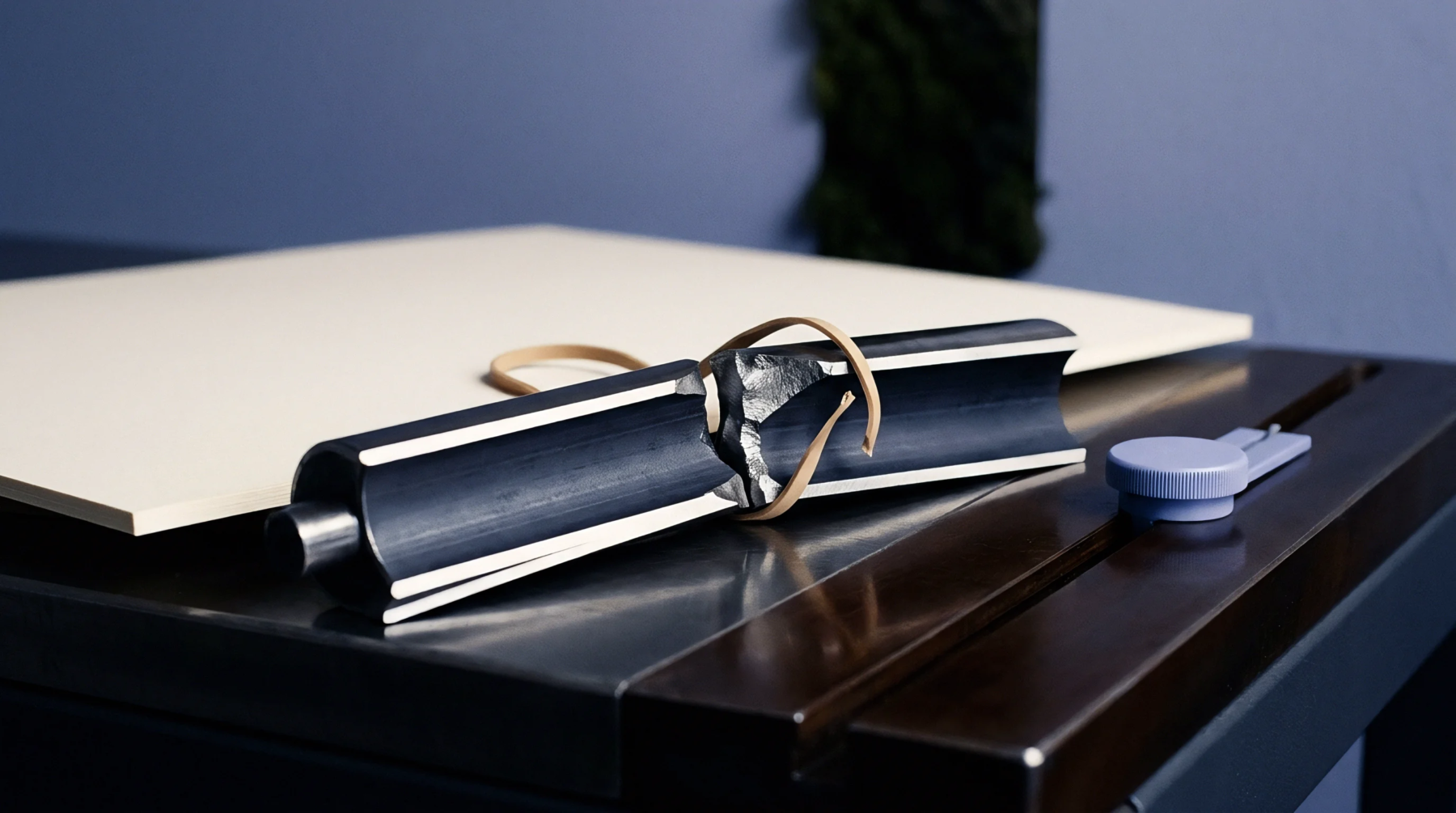 A fractured black grooved mandrel lies beside a heavy cream paperboard sheet on a polished steel production table surface.