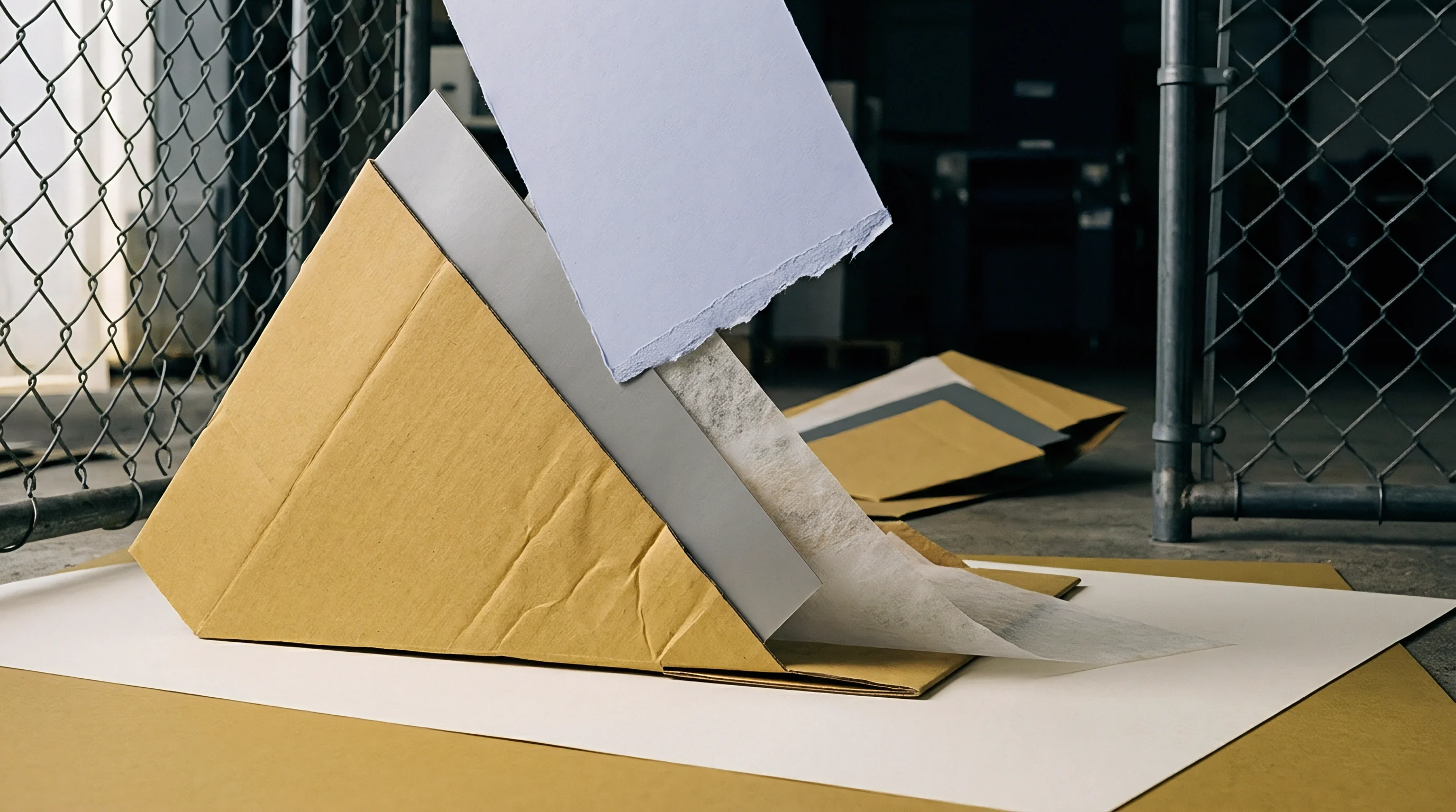Rigid cardboard structural model displays multiple distinct layers including brown paperboard exterior and fibrous inner white nonwoven material on wire mesh.