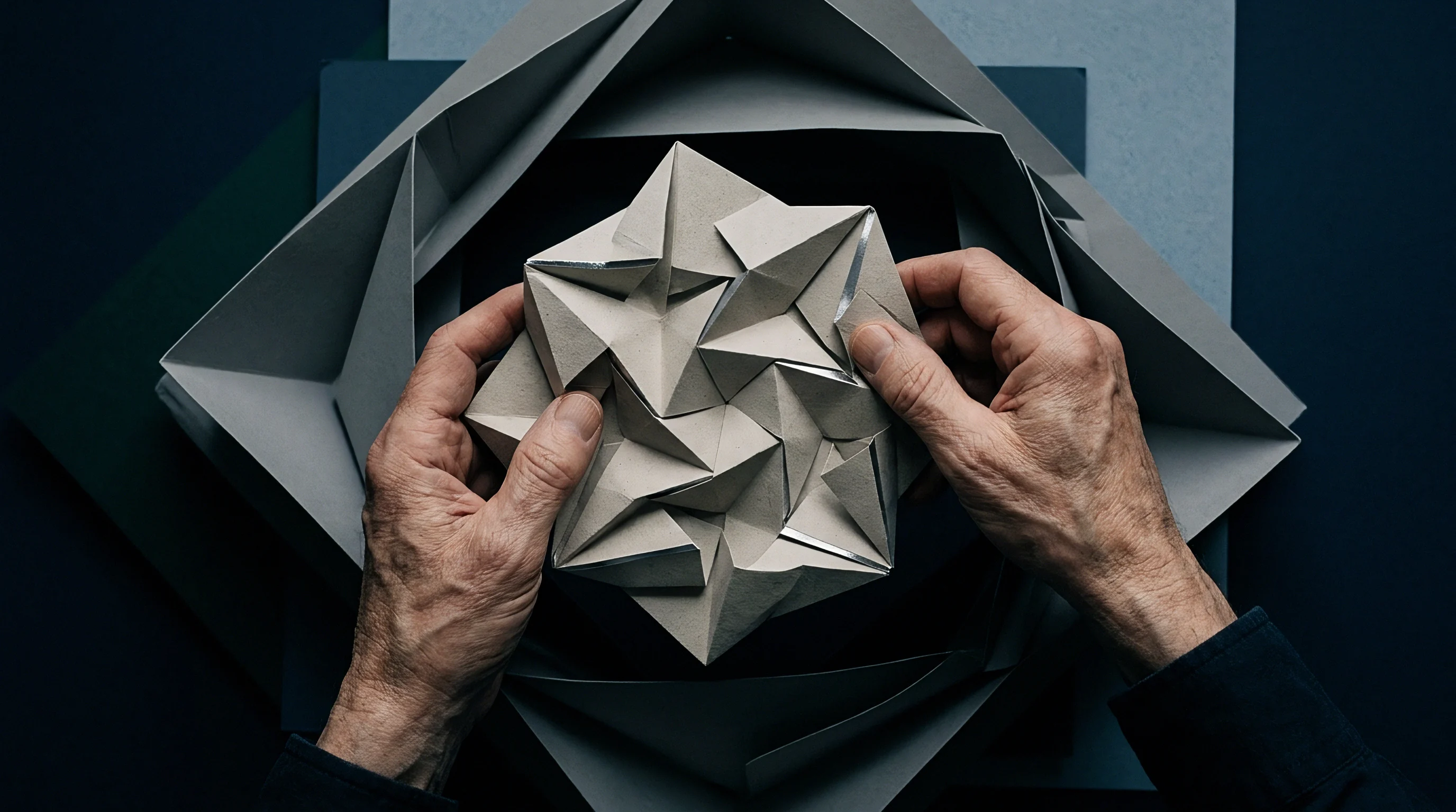 Hands manipulate an intricate geometric paper assembly featuring precise folds and integrated structural panels within a layered studio substrate environment.