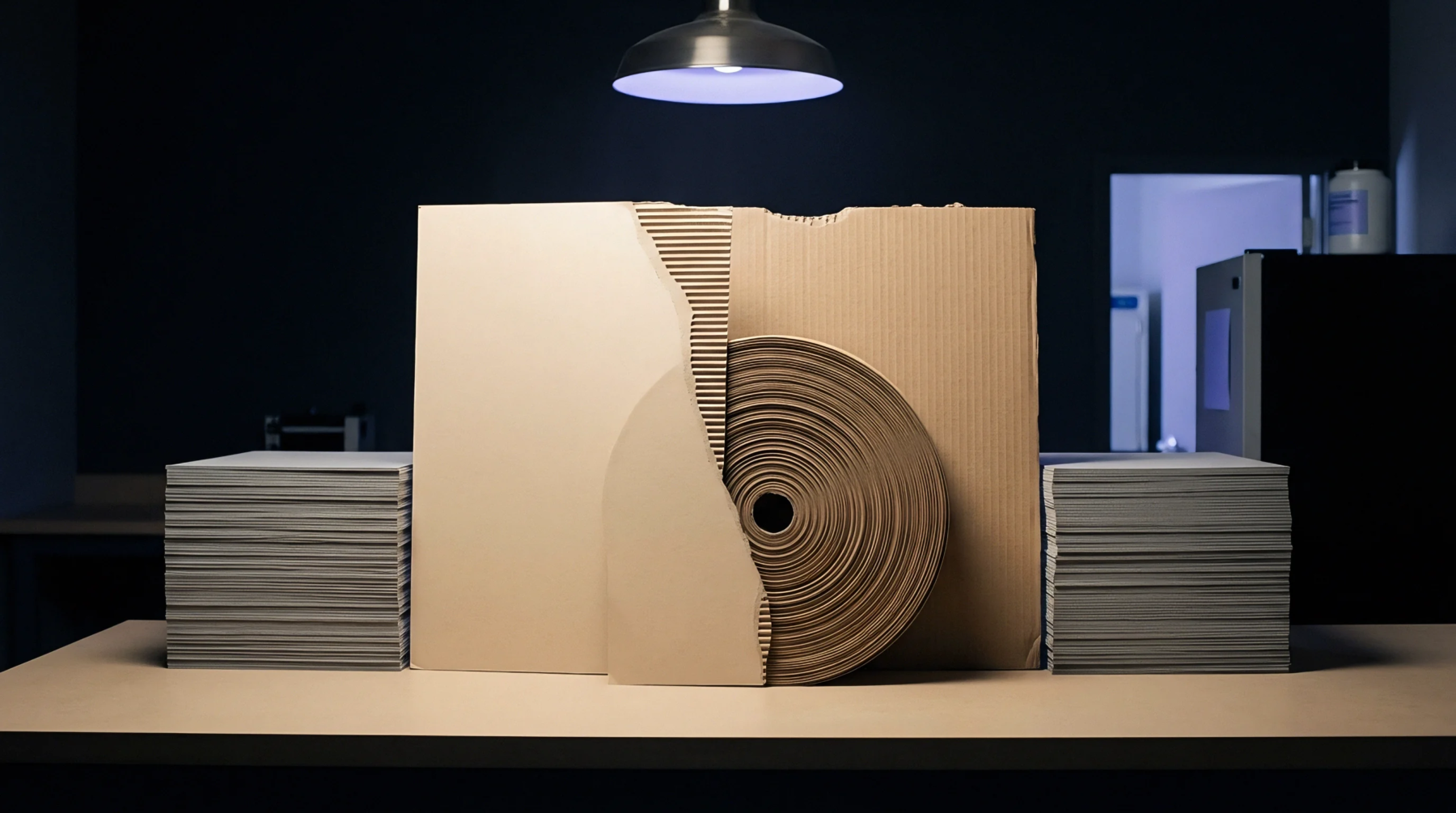 Corrugated medium and linerboard substrates sit arranged alongside stacked paper sheets under direct overhead illumination inside a dark testing facility.