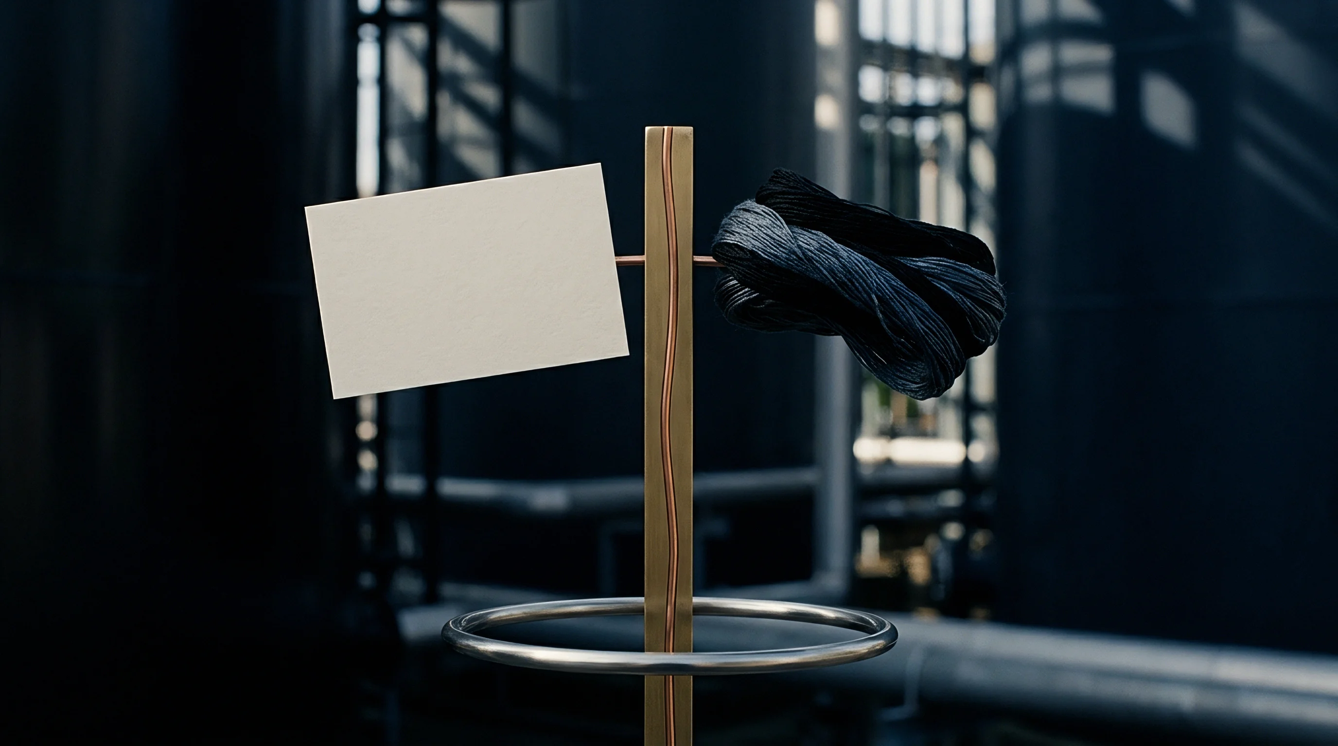 A blank paper stock sample and dark coiled fibers are presented on a contemporary metal stand within an industrial environment.