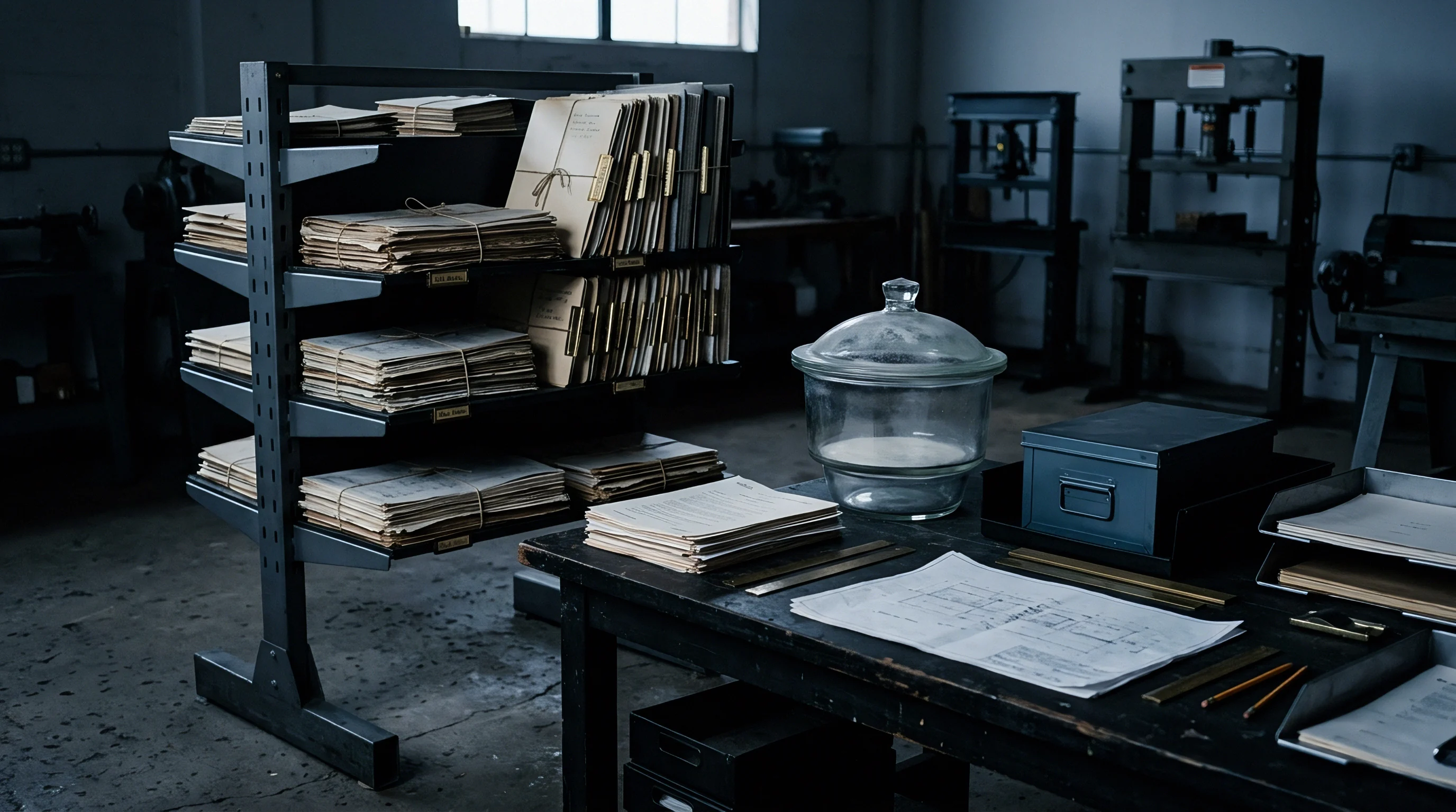 Steel shelving units hold stacked paper documents beside blueprints and heavy glass equipment on a worktable in a production archive facility.
