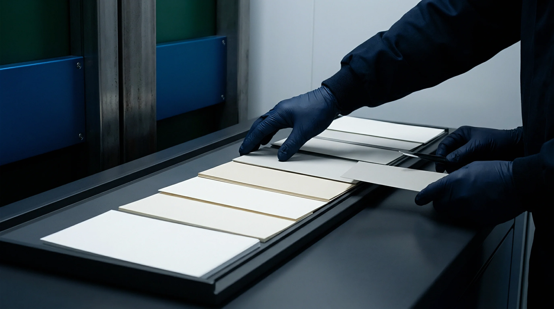 Gloved hands arrange several rectangular paperboard substrate samples of varying white and beige shades inside a color evaluation booth.