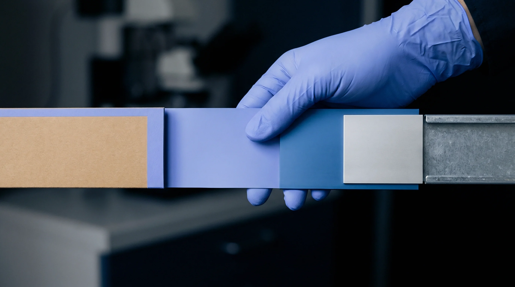 A gloved hand inspects aligned substrate samples spanning brown kraft paper and colored polymer coatings mounted on a mechanical testing track.