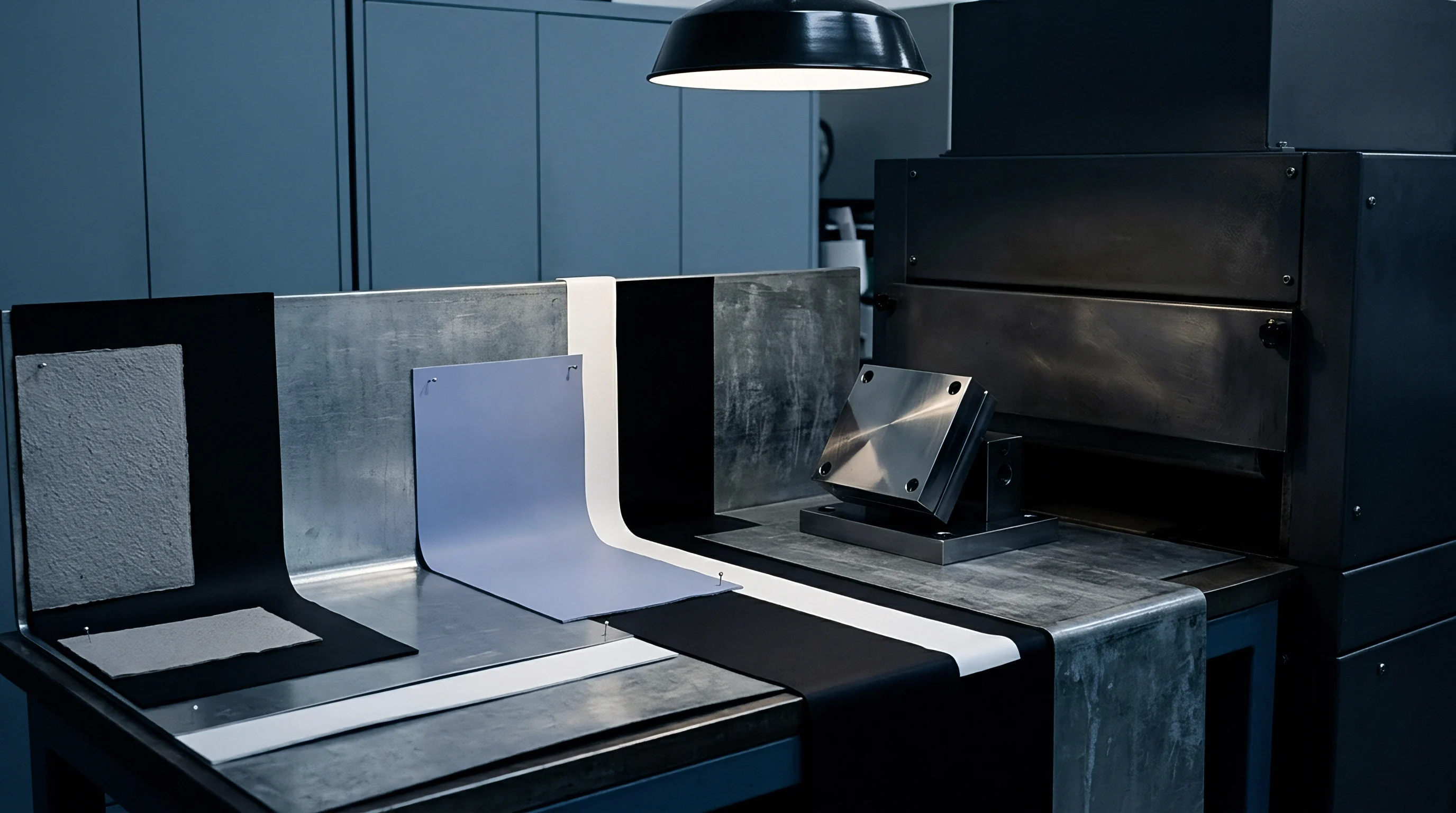 Diverse paper and polymer sheet samples lie arranged on a metal workbench beside an industrial curing oven for coating certification.