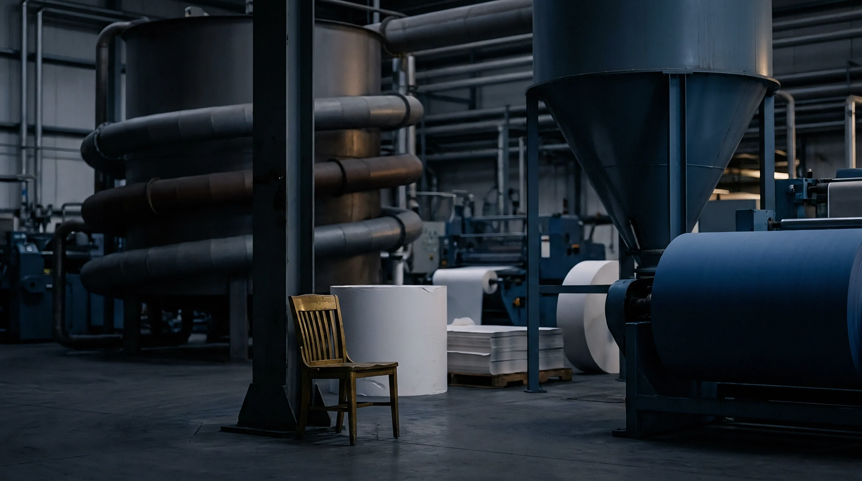 Large paper rolls and stacked sheets sit on pallets in a spacious industrial converting and production factory floor with heavy machinery.