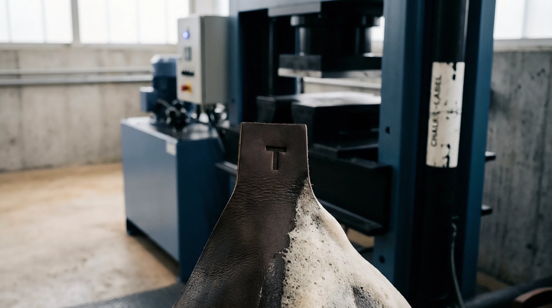 A pressed dark substrate tab with a deep letter T impression rests before a hydraulic production machine inside an industrial conversion facility.