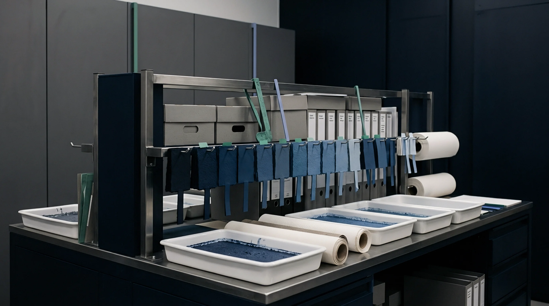 Varying blue gradient samples hang on a metal rack above multiple white trays containing a dark blue liquid treatment solution.