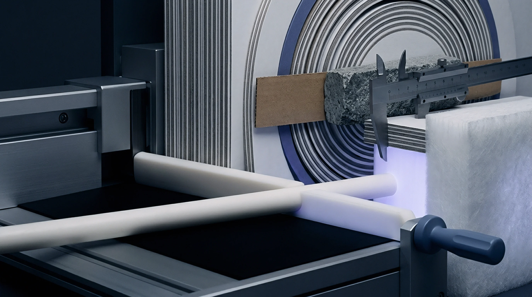 An industrial render features a vernier caliper measuring a rigid material slab alongside rolled paperboard substrates and a white fiber block.