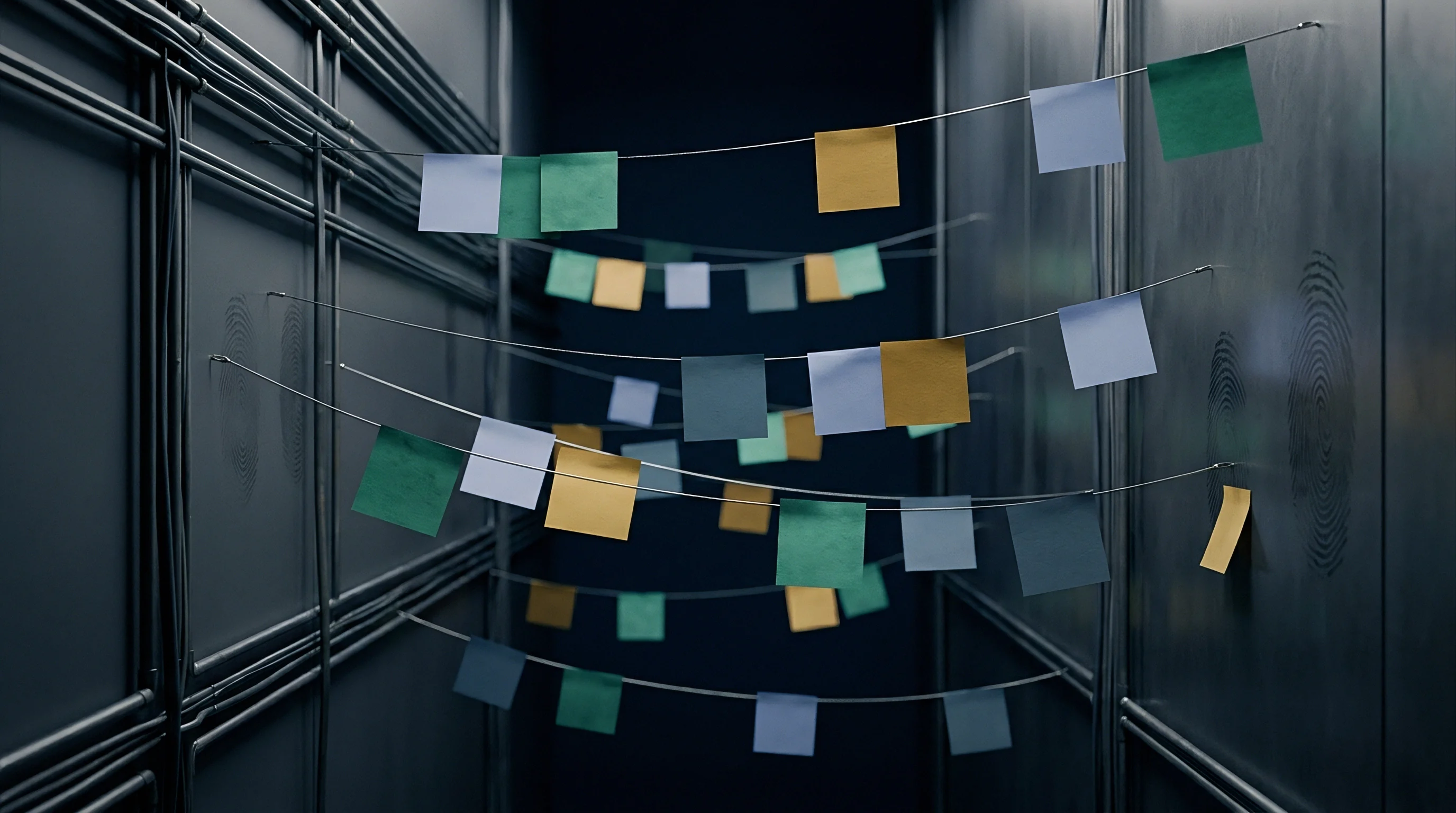 Square paper sample swatches in green yellow and blue hang from horizontal metal wires secured across a dark narrow industrial corridor.