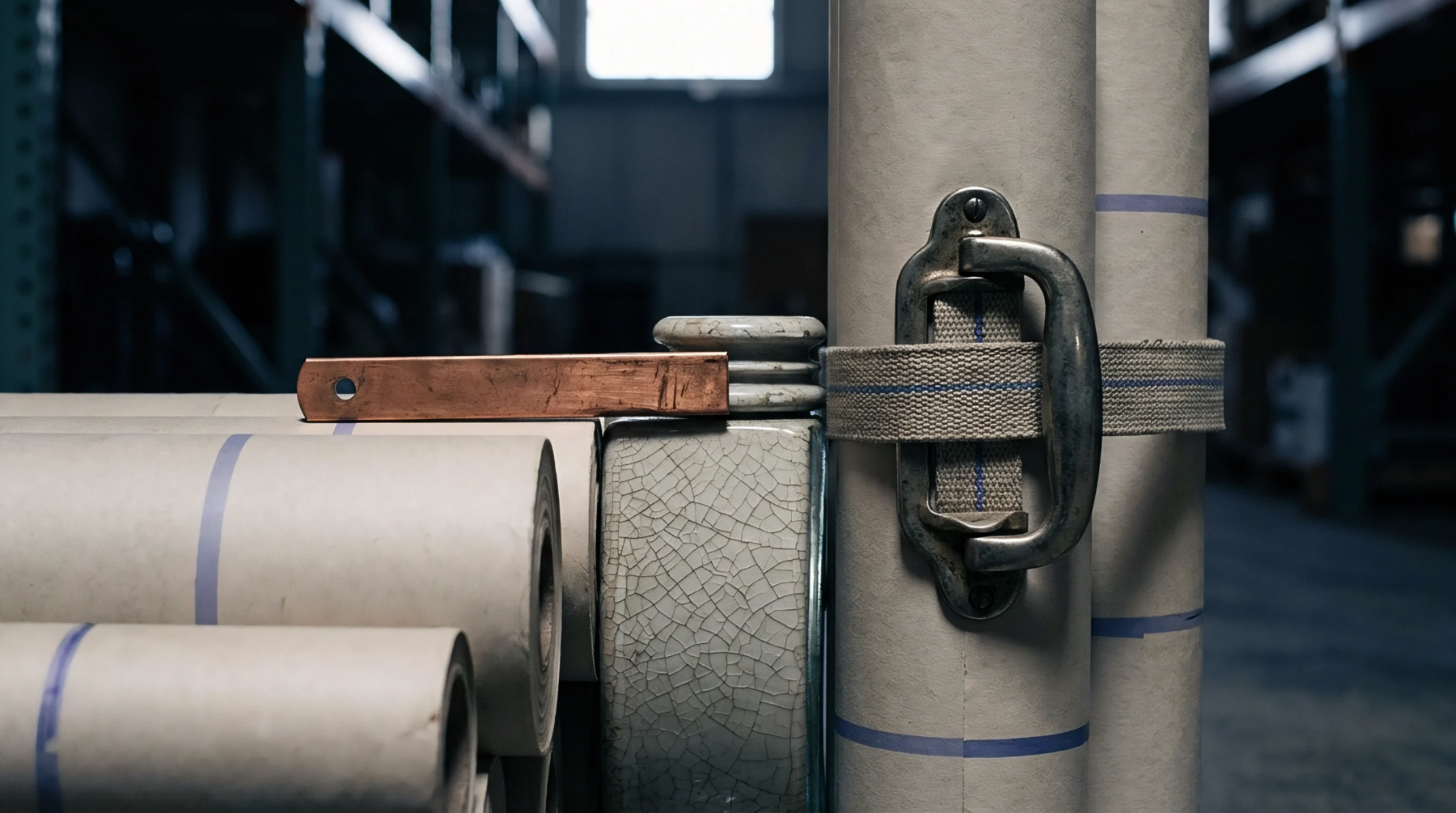 Heavy paper rolls rest horizontally beside a vertical web roll secured with a woven strap in an industrial converting warehouse.