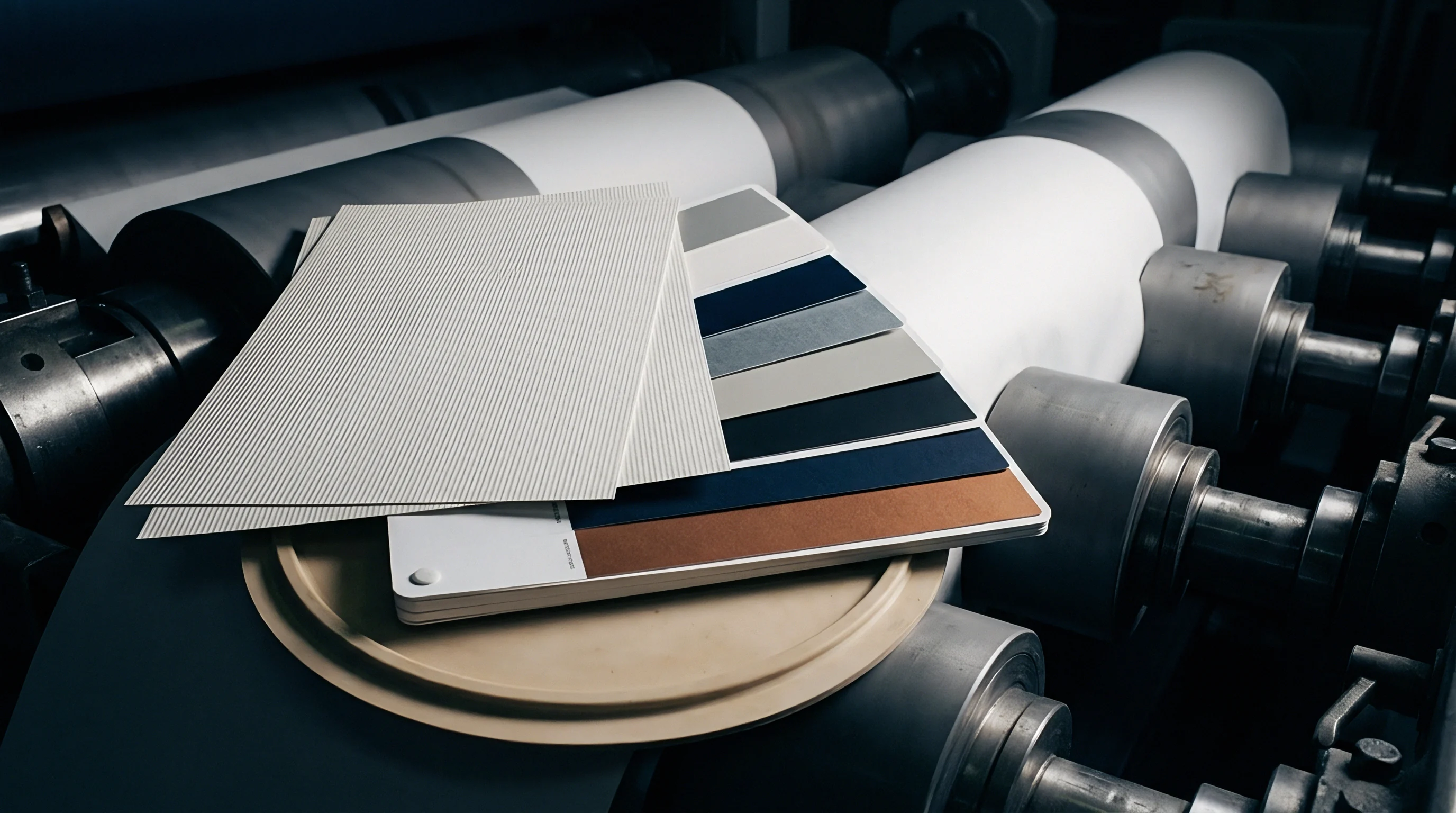 Textured paper sheets and a substrate swatch book rest atop production machinery featuring heavy steel webs and converting rollers.