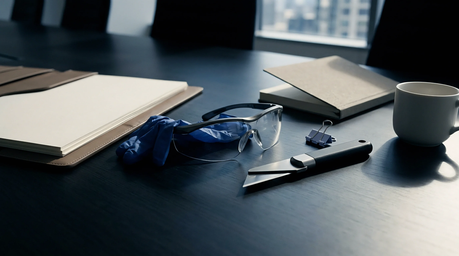 Safety goggles, blue gloves, a utility knife, and stacked paper substrates rest on a dark conference table alongside open books and a mug.