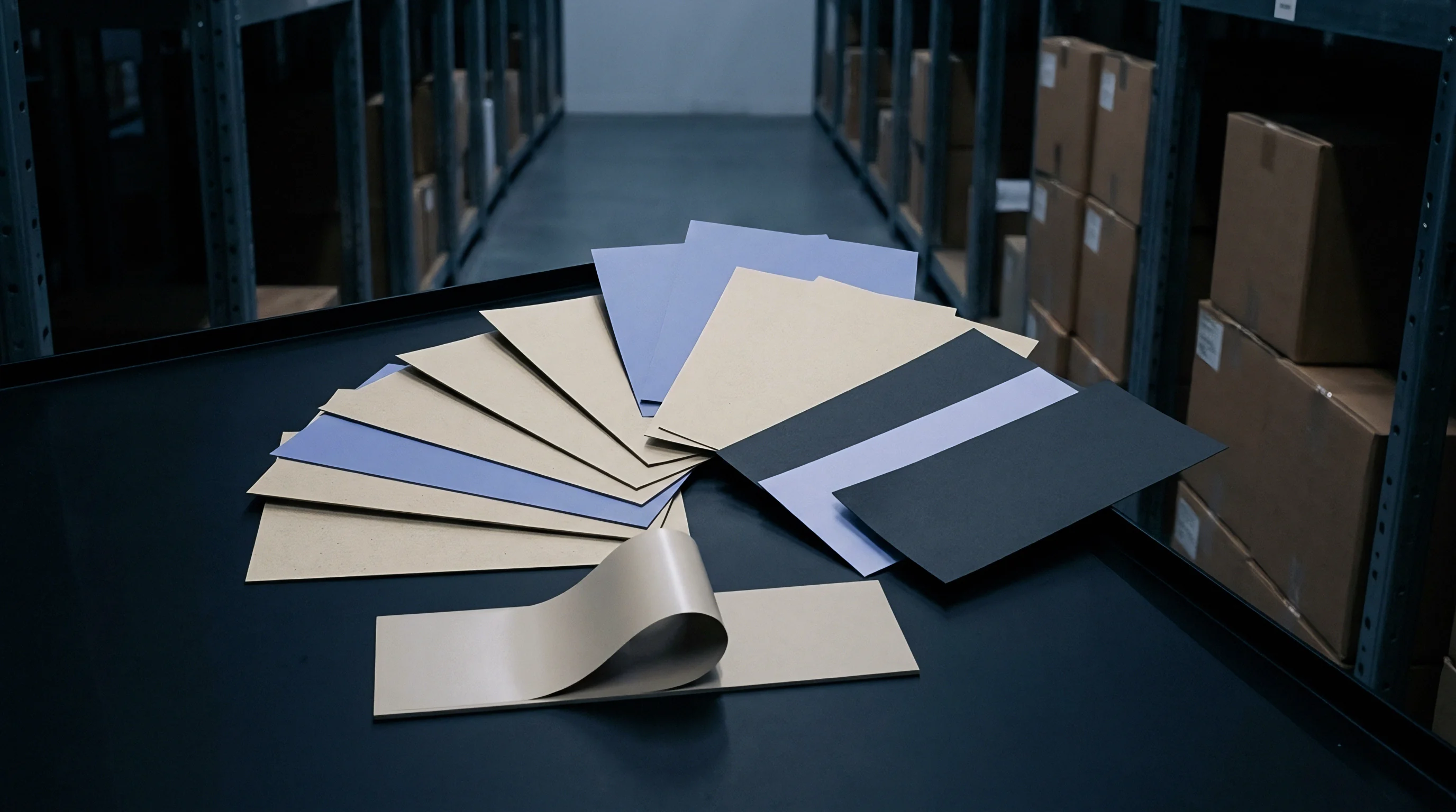 Various colored substrate sheets and rolled polymer samples rest on a dark workbench inside an industrial warehouse facility.