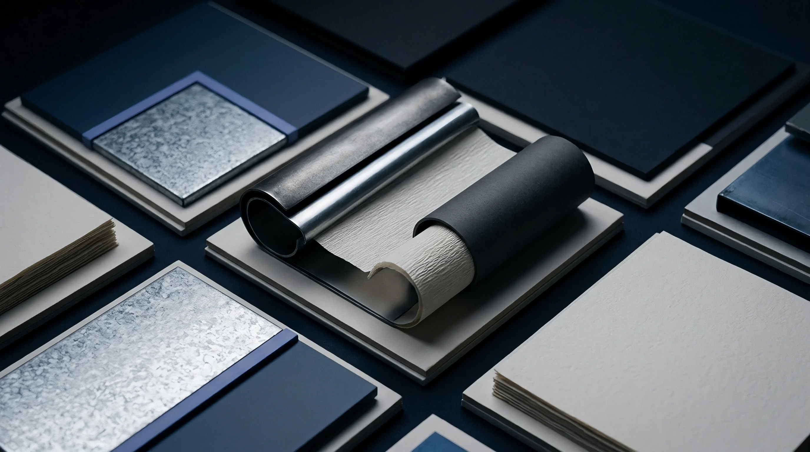 Layered paper sheets and metallic foils rest alongside rolled textured substrates upon dark blue surfaces during material specification evaluations.