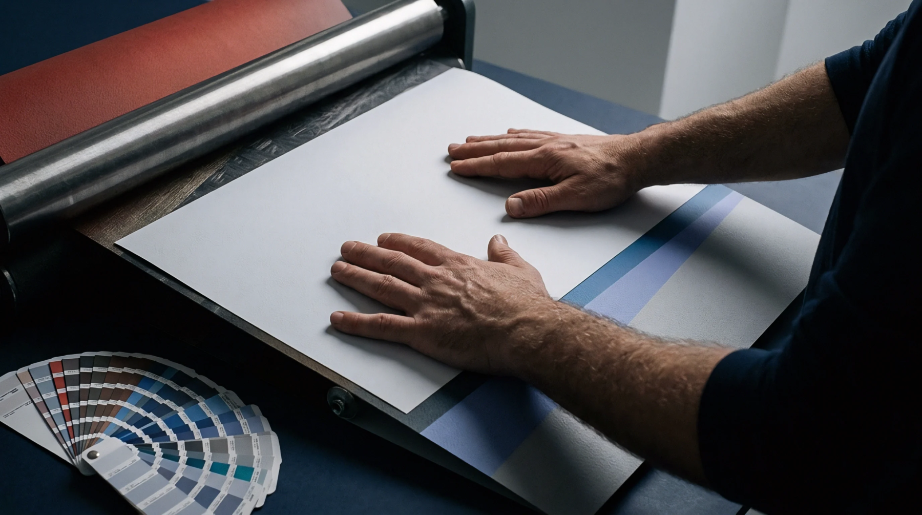 A worker’s hands carefully smooth large sheets of paper or packaging substrate on a work surface near a laminating machine.