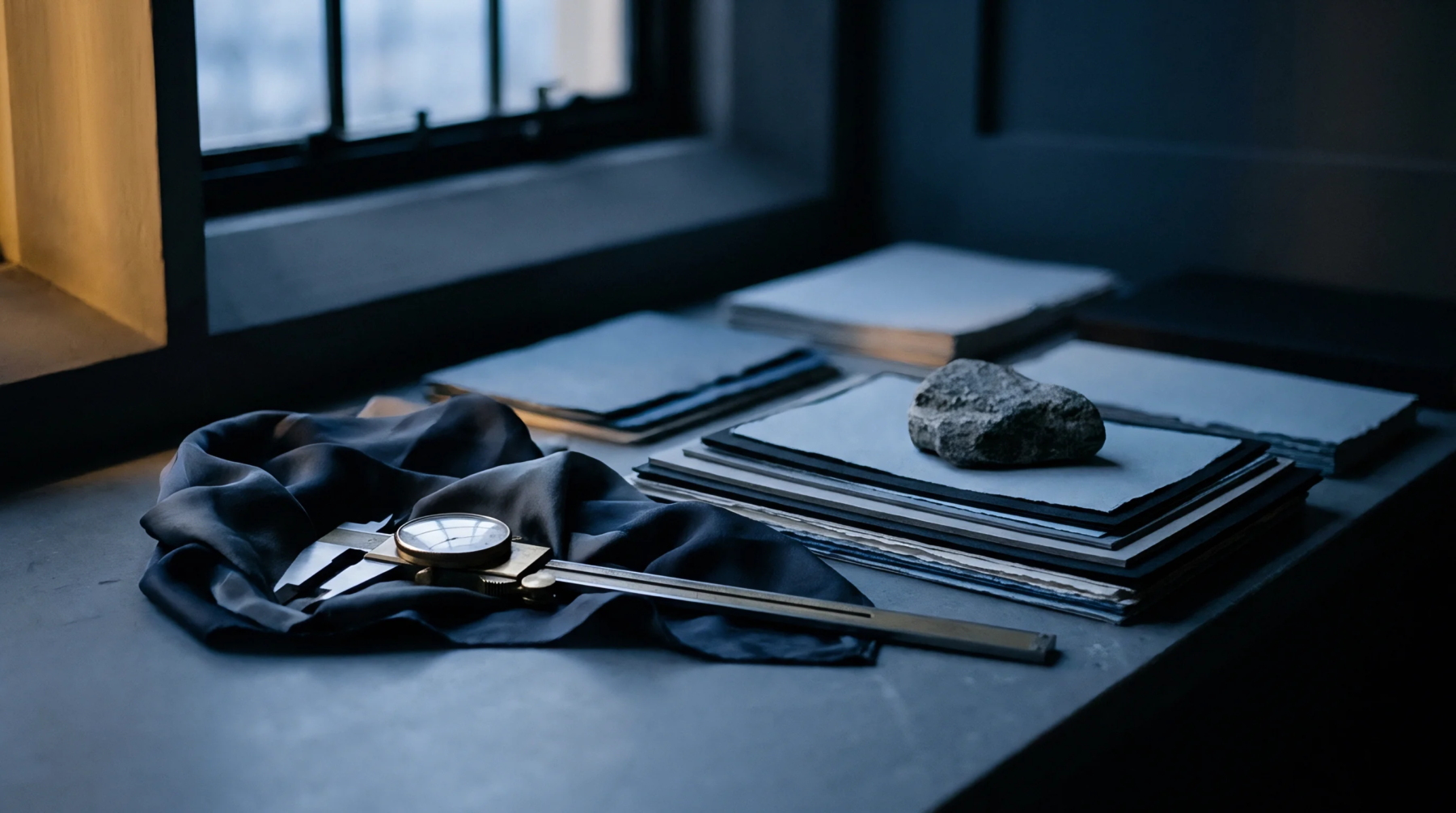 Precision measuring equipment and raw mineral samples rest beside stacked fine paper sheets upon a dark work surface.
