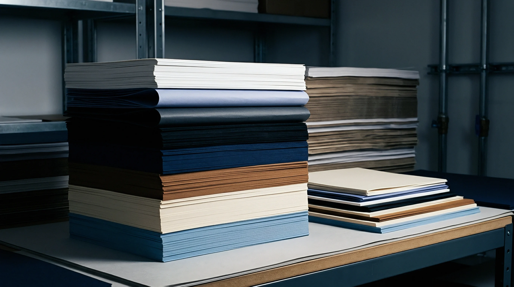 Neatly stacked piles of various coloured paper stocks sit on a metal workbench inside a production facility with industrial shelving.