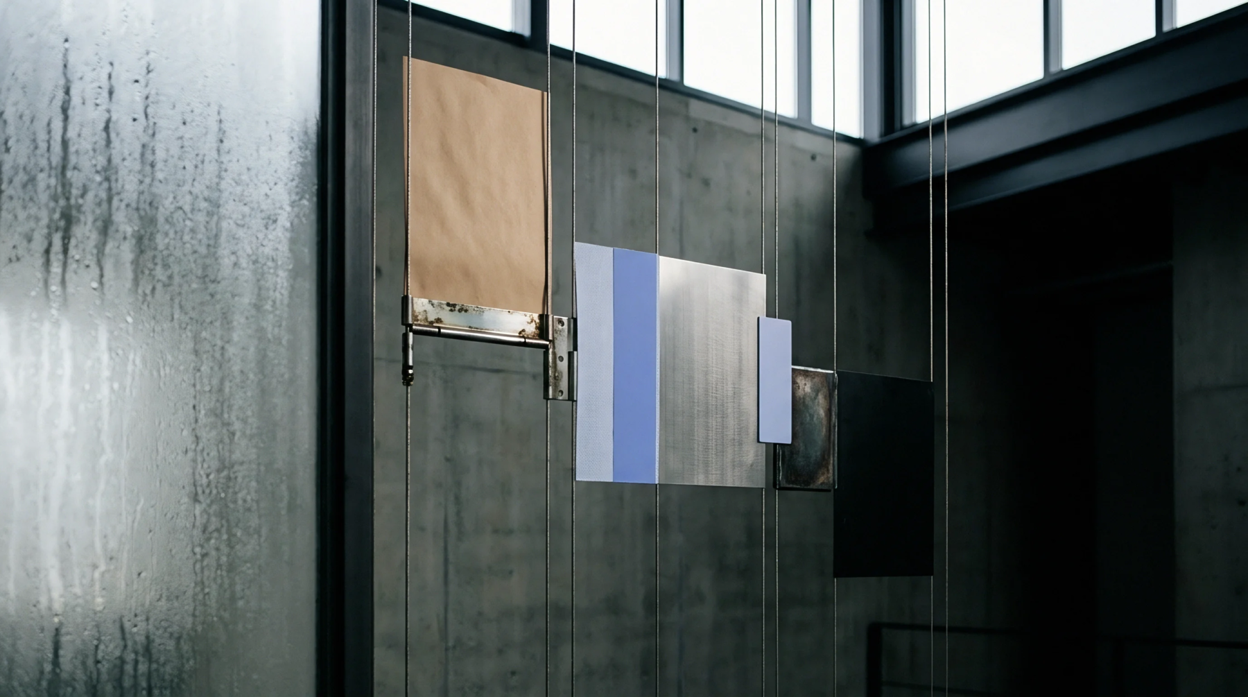 Rectangular material specimens including kraft paper, metal plates, and colored cardstock hang from thin vertical wires in a concrete interior.