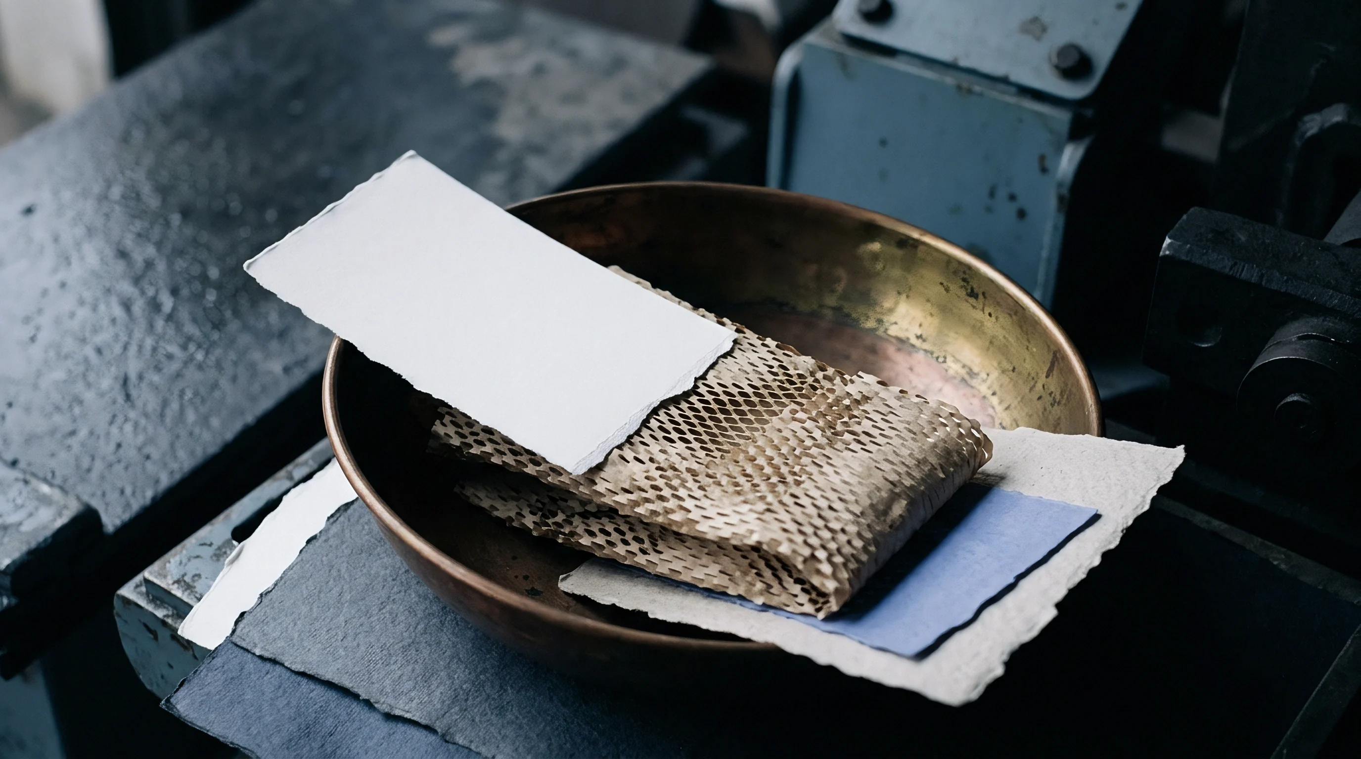 Honeycomb patterned kraft cushioning rests inside a metal bowl along with rectangular white and blue cardstock swatches on an industrial factory work surface.