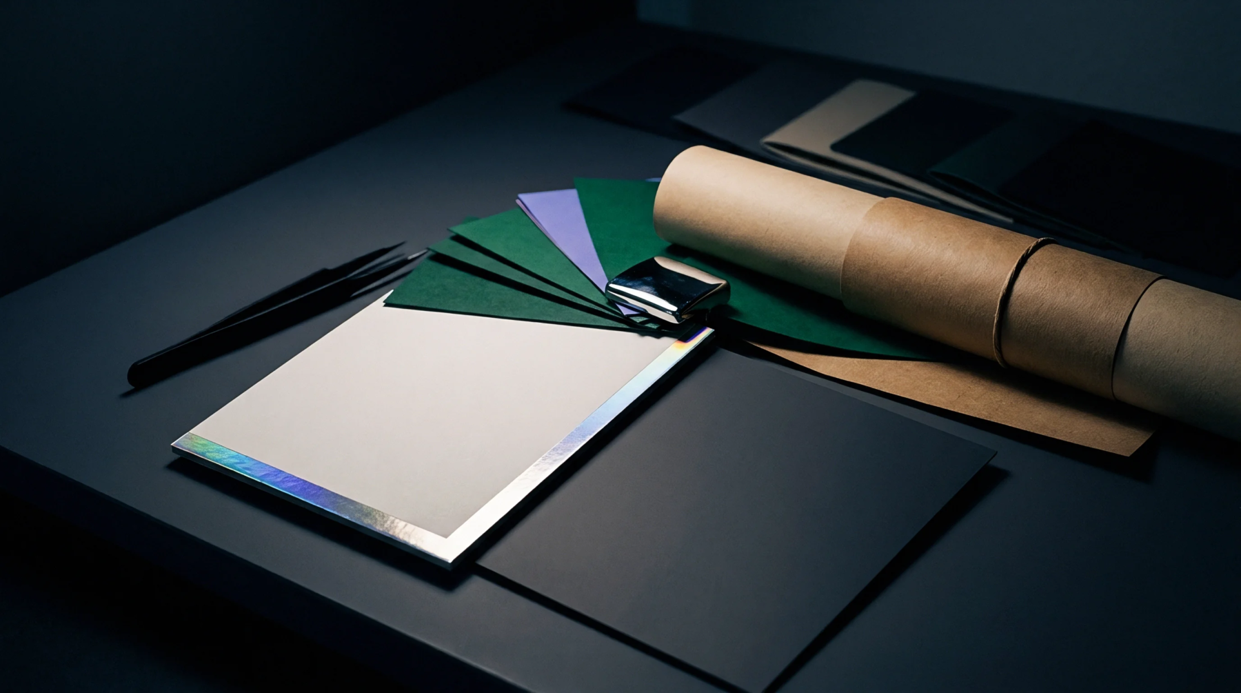 Mixed weight paper stocks including colored cardstock and kraft rolls sit on a dark workspace alongside precision tweezers and holographic edge samples.