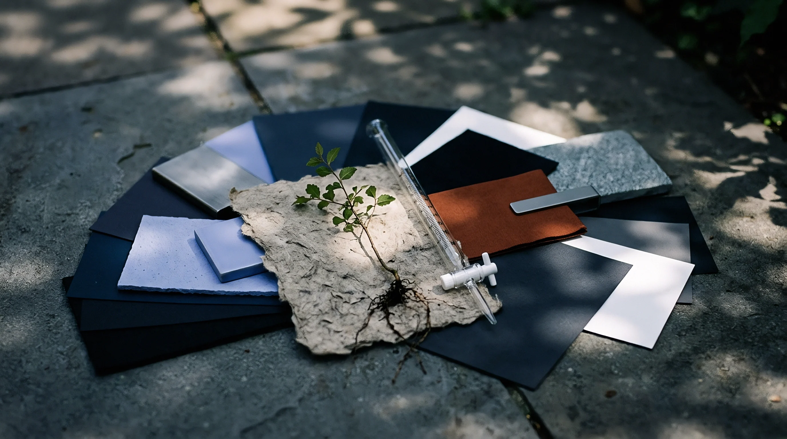 Various paper substrates and material swatches surround a textured fibrous sheet holding a small rooted plant and laboratory glass instrument on stone.