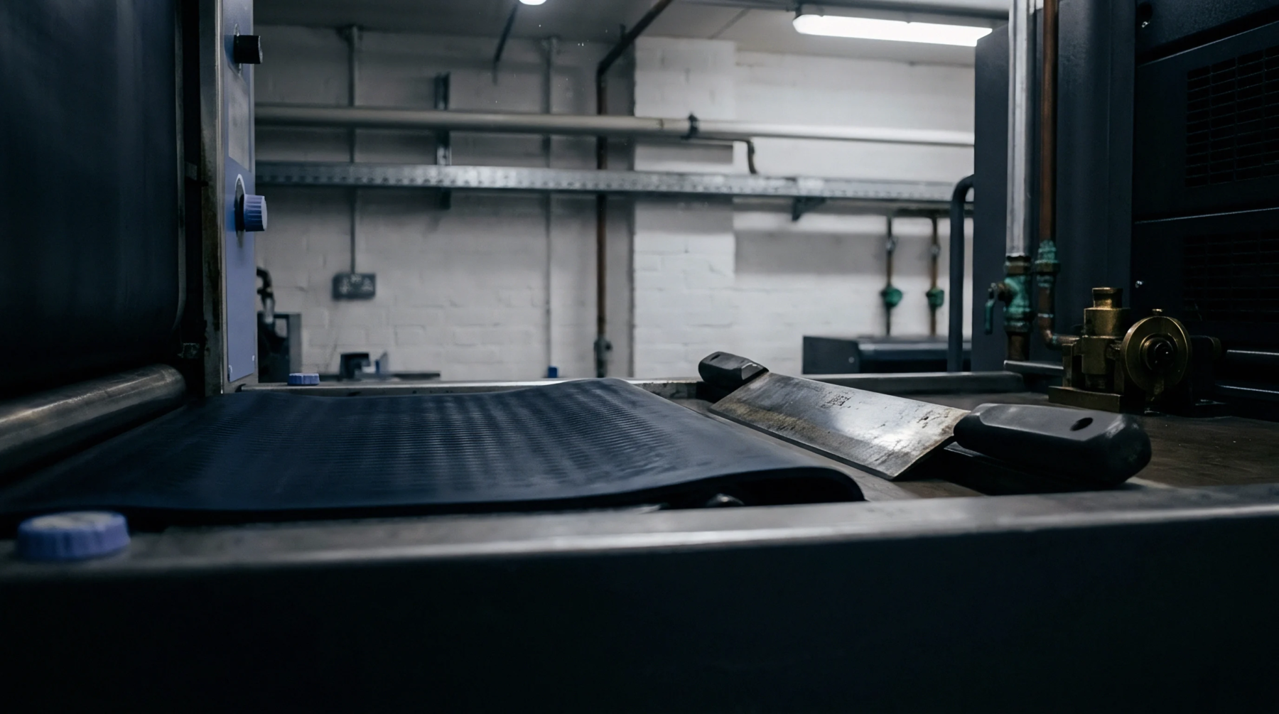 A textured black polymer substrate rests on a flatbed converting machine beside a long steel doctor blade within an industrial facility.
