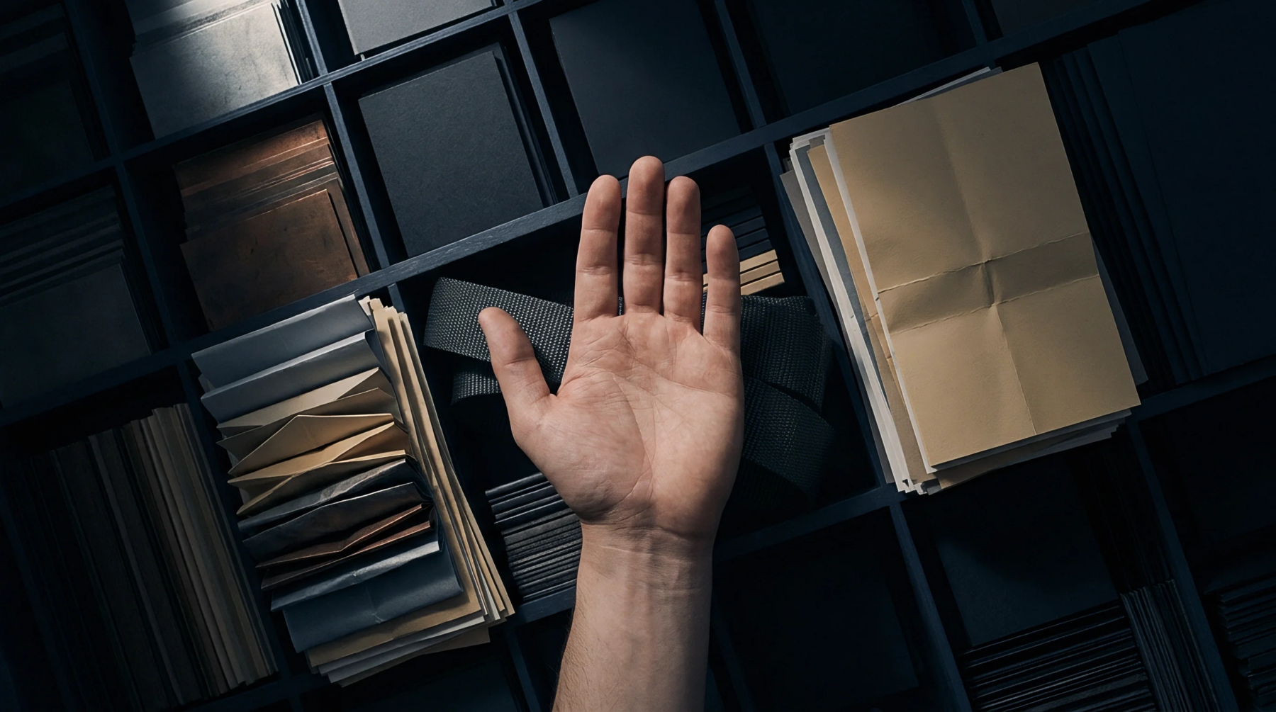 A bare human hand rests palm upward inside a compartment of a dark grid storage unit containing stacked paper substrates.
