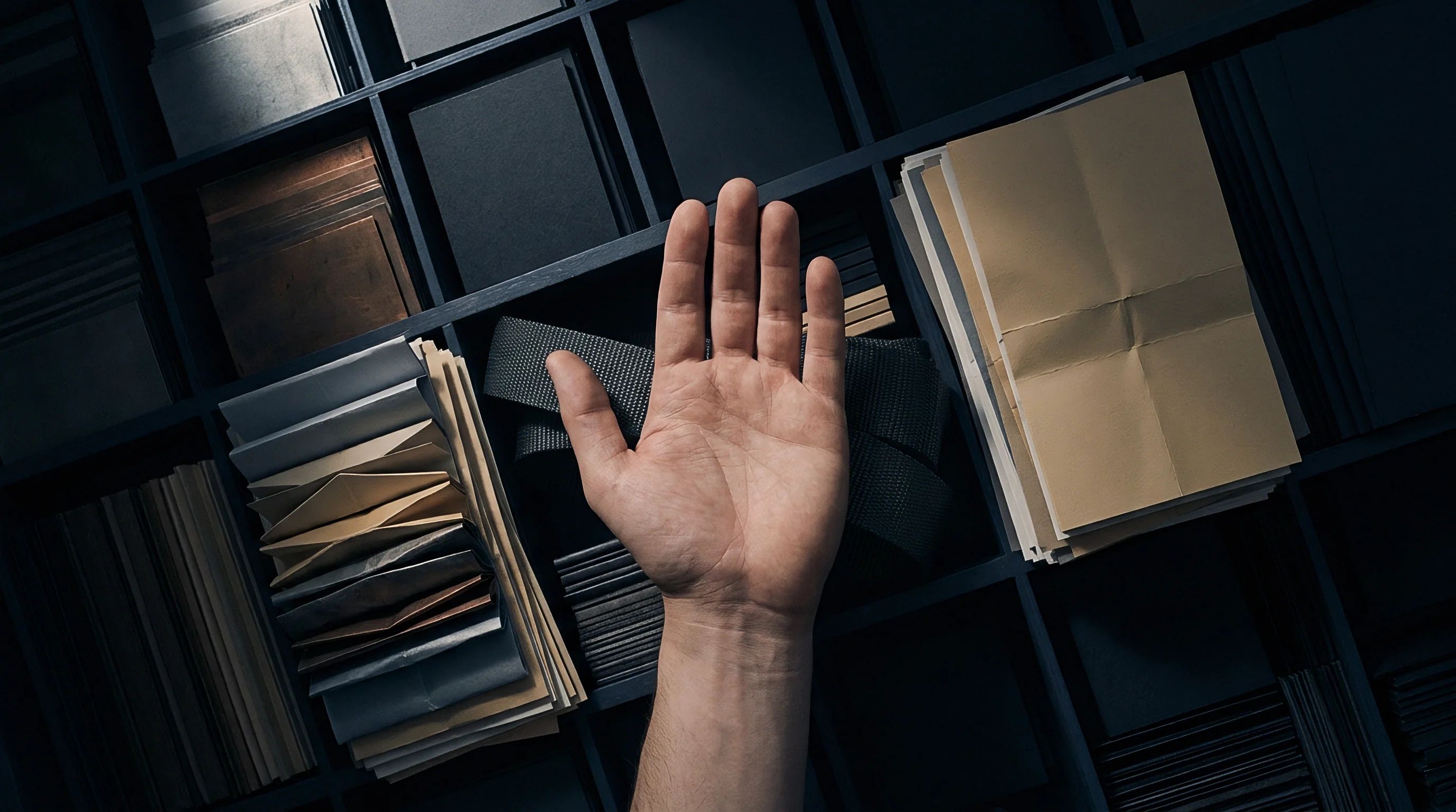 A bare human hand rests palm upward inside a compartment of a dark grid storage unit containing stacked paper substrates.