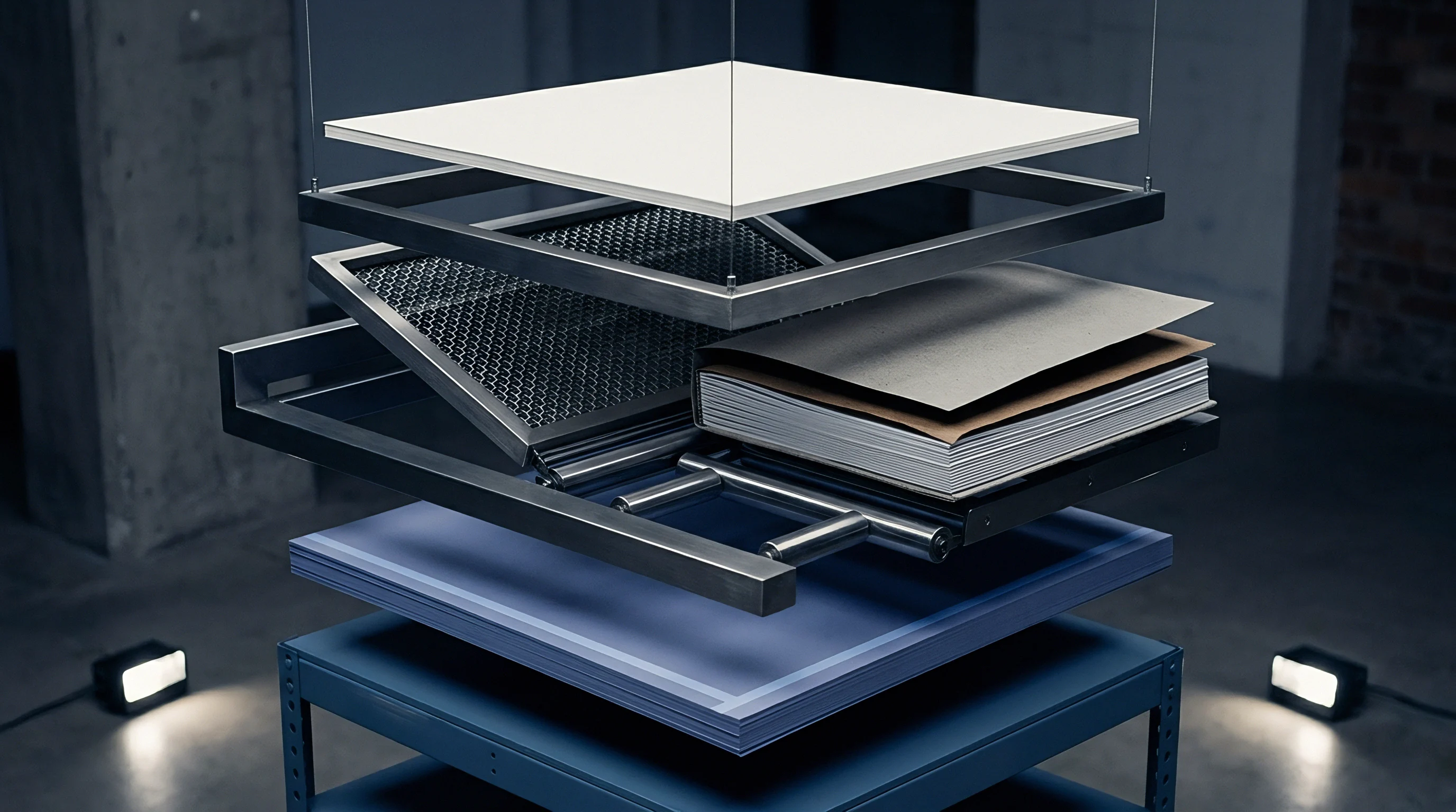 A technical render displays an exploded vertical assembly of substrate layers, honeycomb panels, metallic frames and paper stacks in a studio.