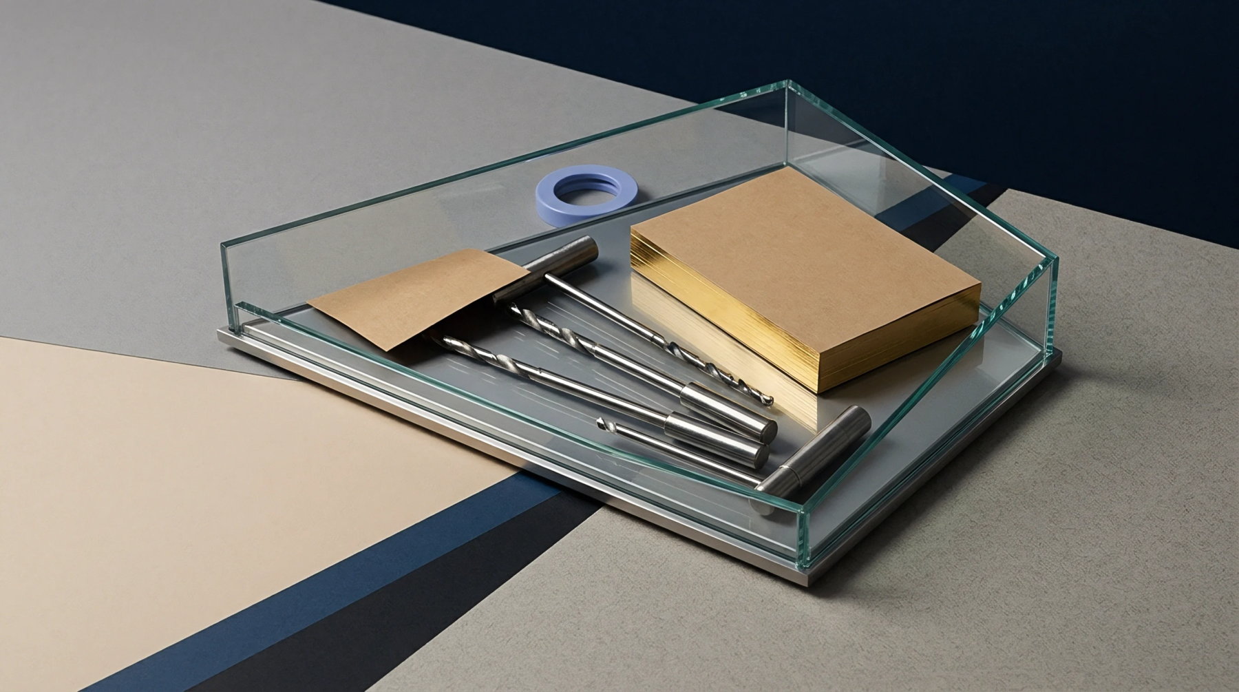 Steel drill bits and gold edged paper blocks sit inside a glass tray over a geometric arrangement of grey and blue panels.