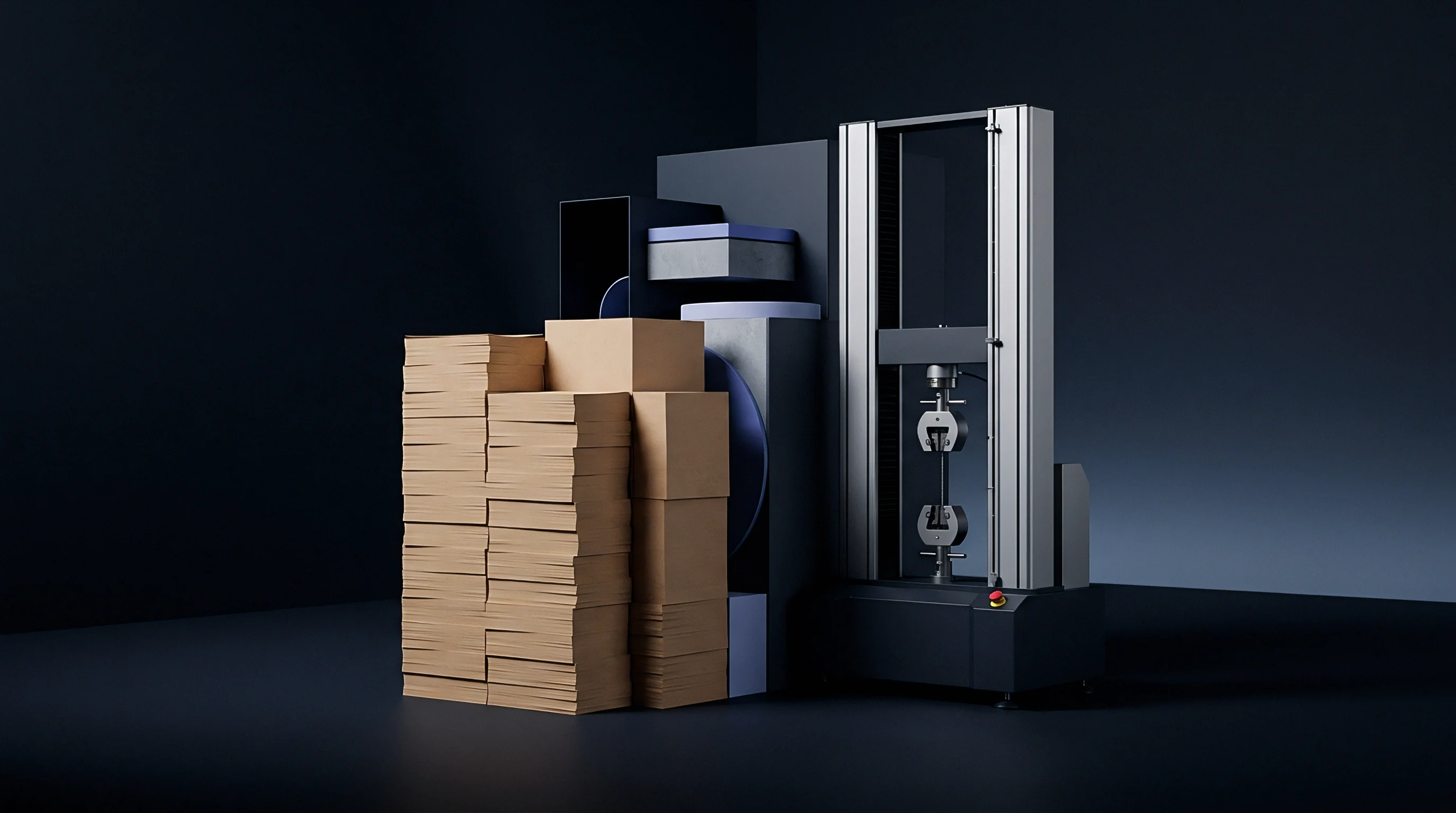 A digital render features a mechanical testing frame alongside stacked corrugated board sheets and geometric blocks inside a dark studio.