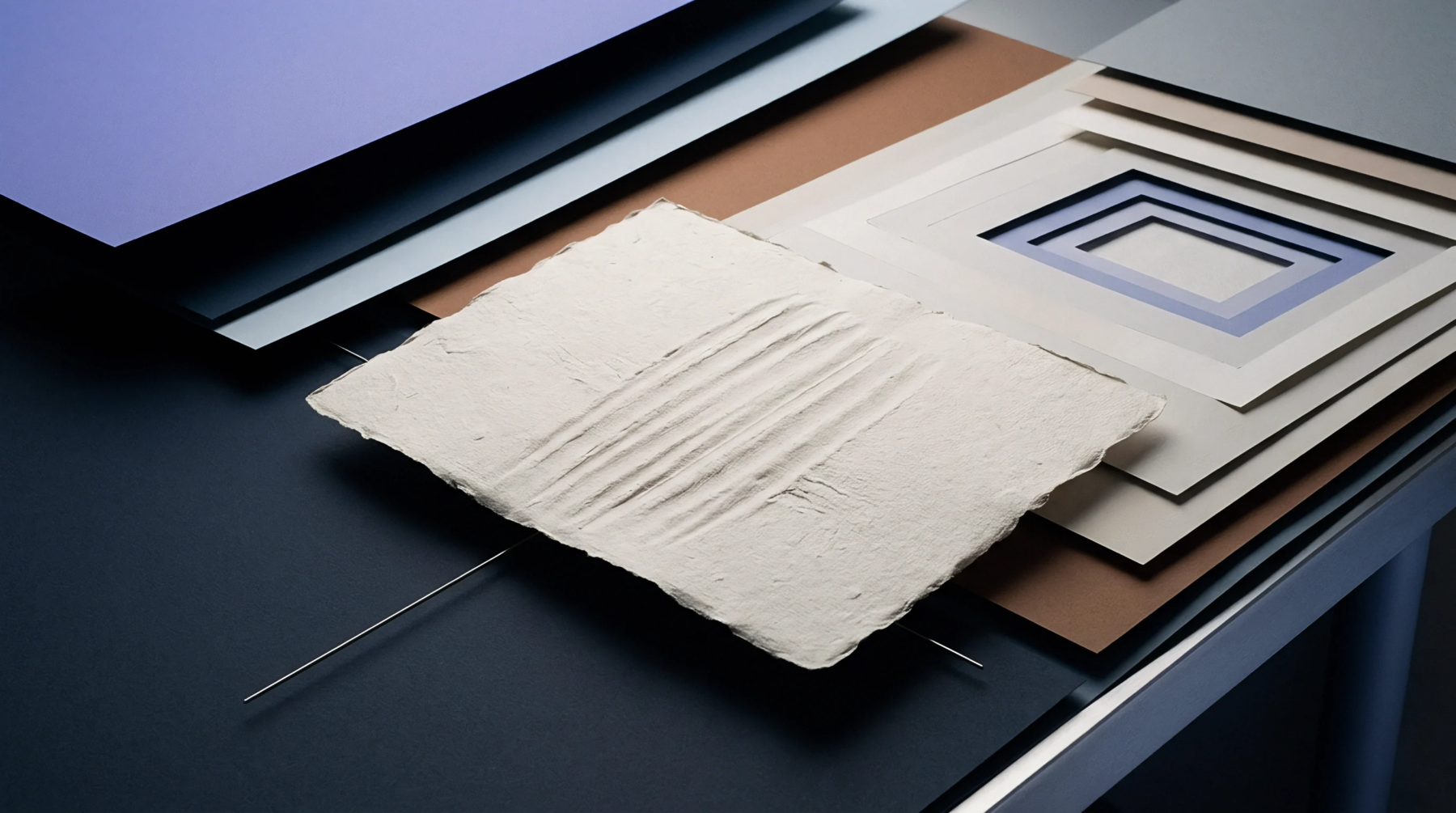 Heavy textured artisanal paper with parallel embossed lines rests atop layered colored boards on a dark studio table surface.