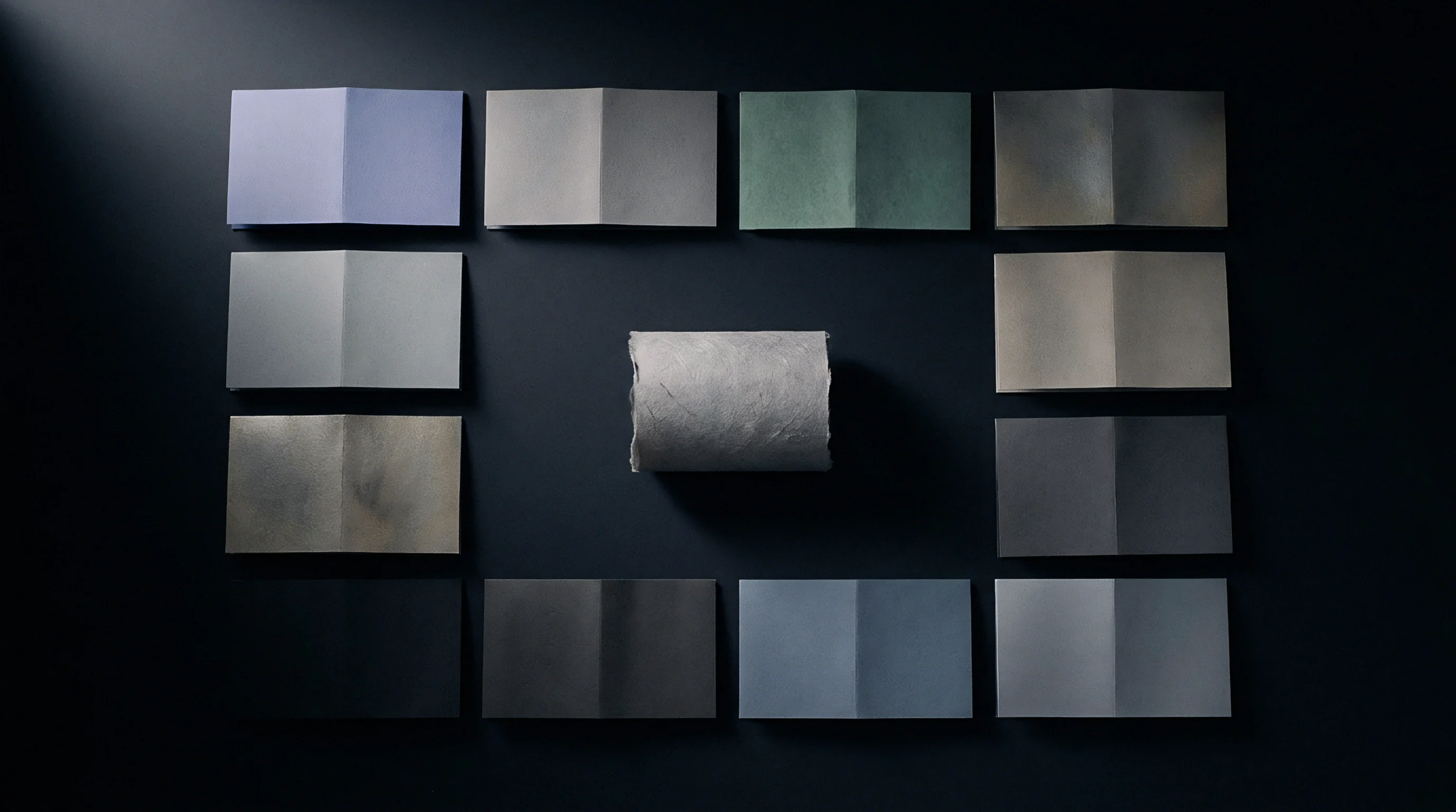 A cylindrical textured paper roll sits centered among twelve folded chromatic swatch cards arranged across a dark matte tabletop.