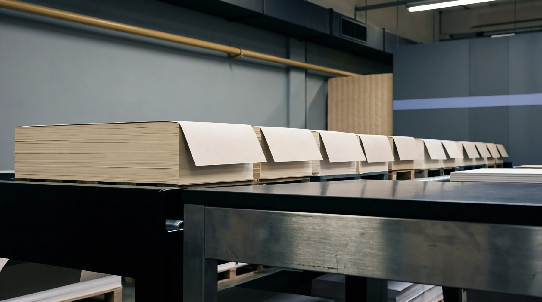 Multiple stacks of untreated paper substrates rest on a steel workstation table within a professional manufacturing environment ready for printing or converting operations.