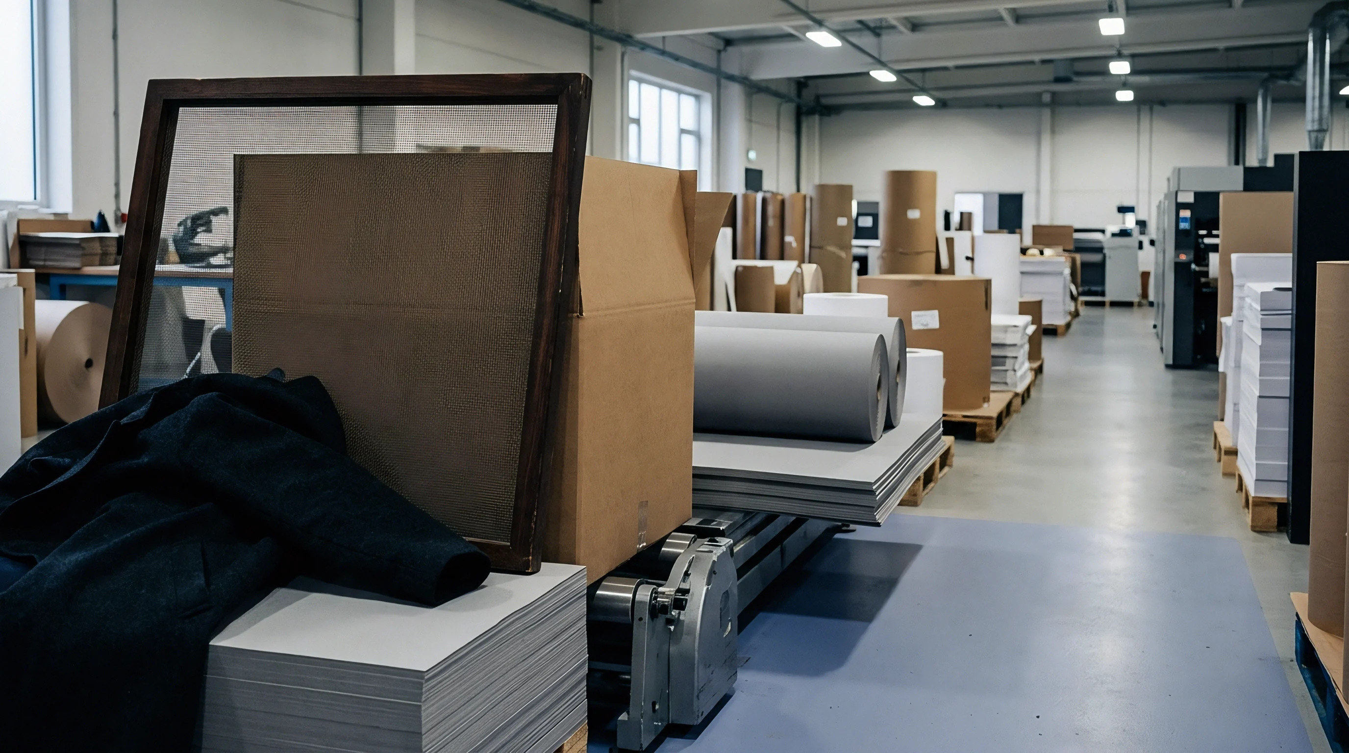 Palletized stacks of cut paperboard and large industrial rolls fill the floor of a warehouse adjacent to heavy printing and converting equipment.