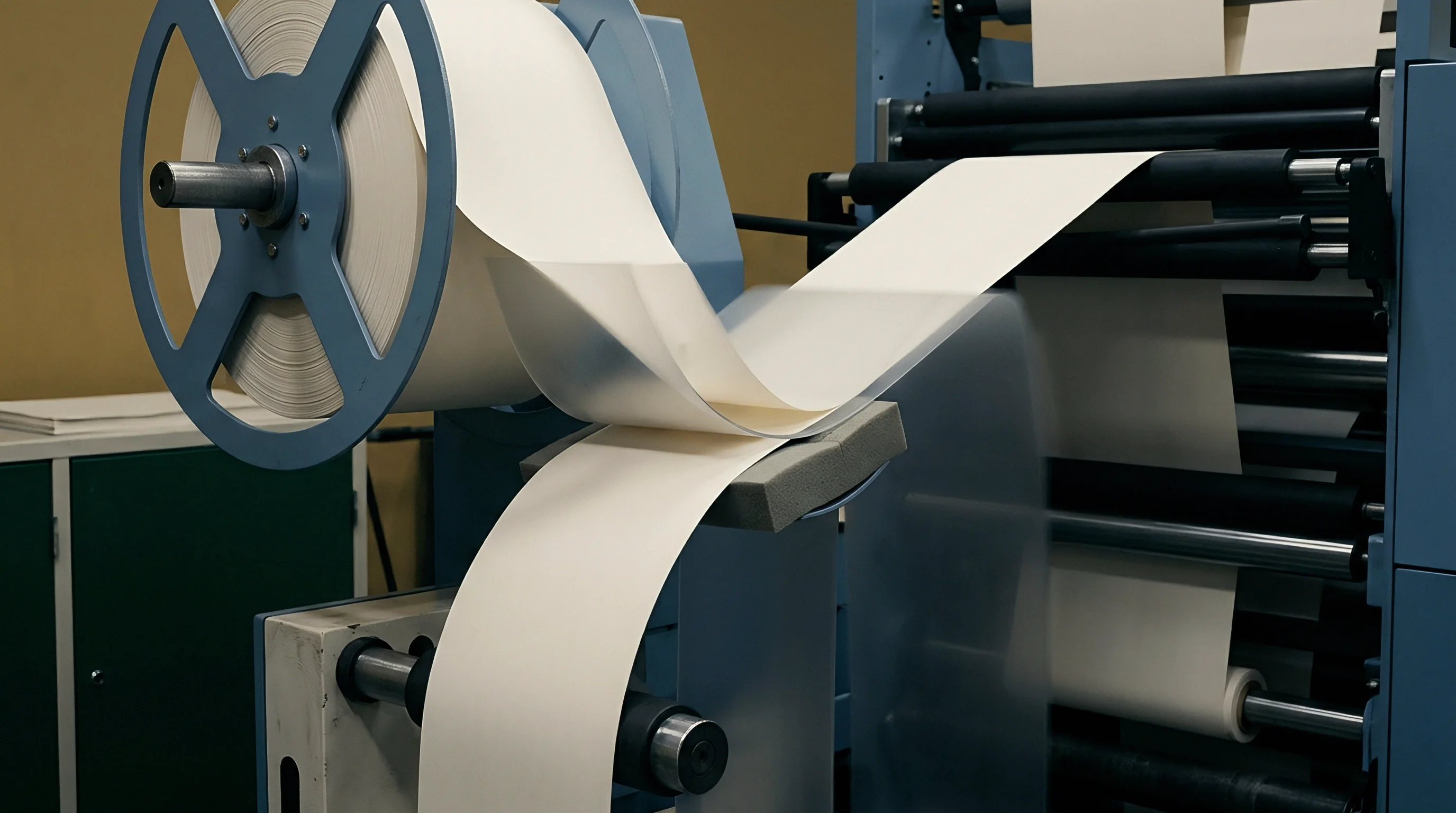 A continuous web of white paper substrate feeds through industrial converting machinery between tensioned rollers within a brightly lit manufacturing facility.