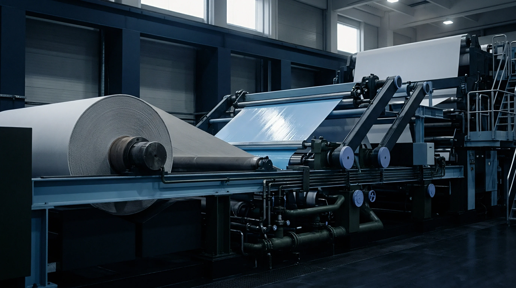 Large master rolls of white paper substrate feed into an industrial converting line within a climate controlled manufacturing facility.
