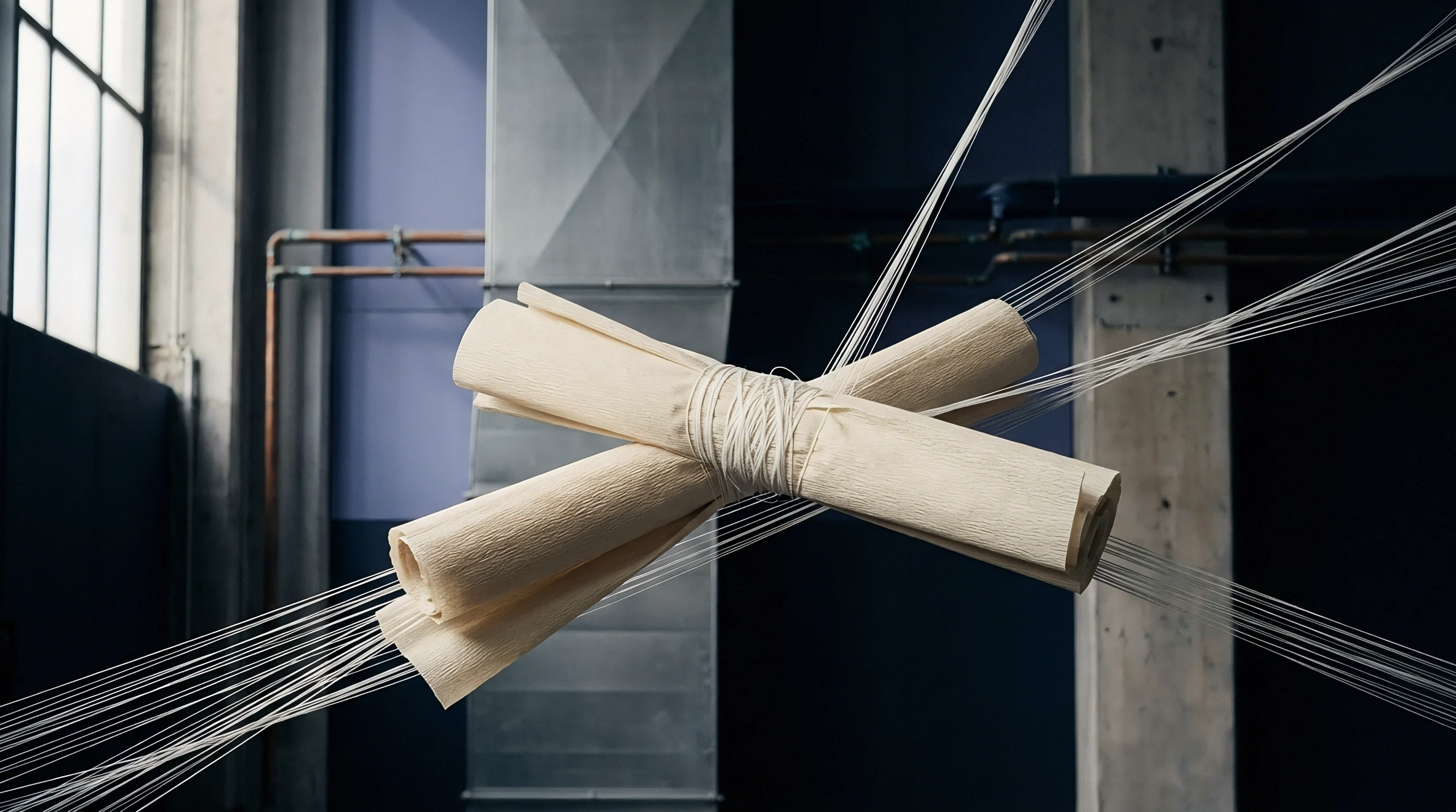 Rolled fibrous paper substrates suspend from multiple fine white threads inside a dark industrial converting facility.