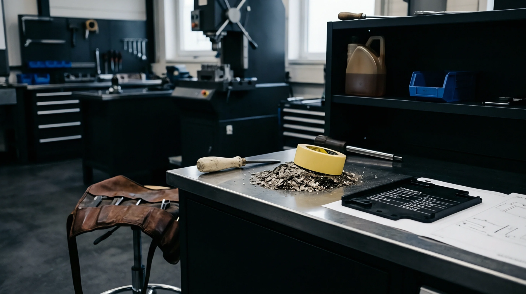 Metal manufacturing debris and yellow adhesive tape rest on a steel workbench inside a mechanical production facility.